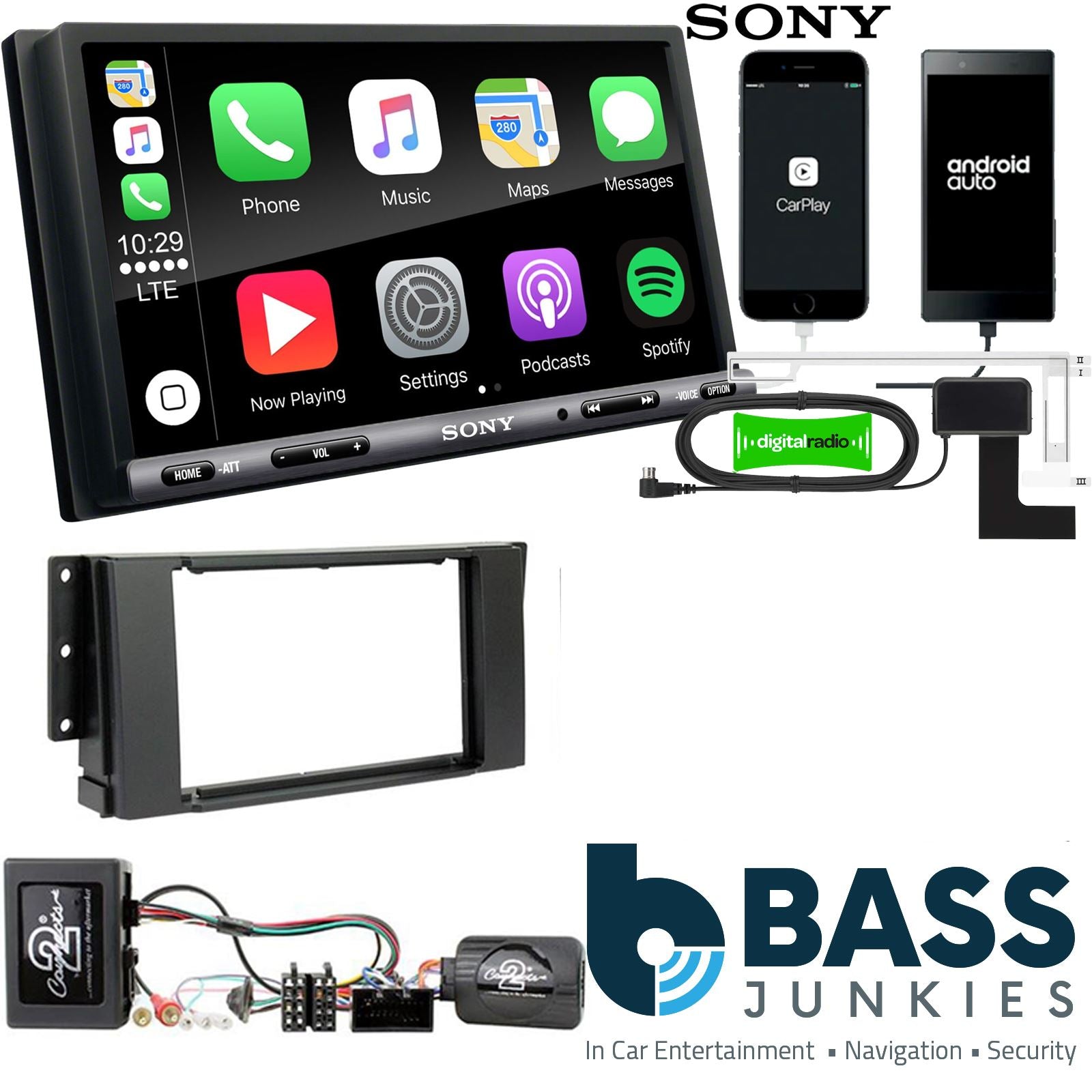 SONY DAB+ Apple | Android Double Din Stereo Fitting Kit + Steering Wheel Stalk Controls to fit Land Rover Range-Rover-Sport 05-09 | Land Rover Discovery 05-09