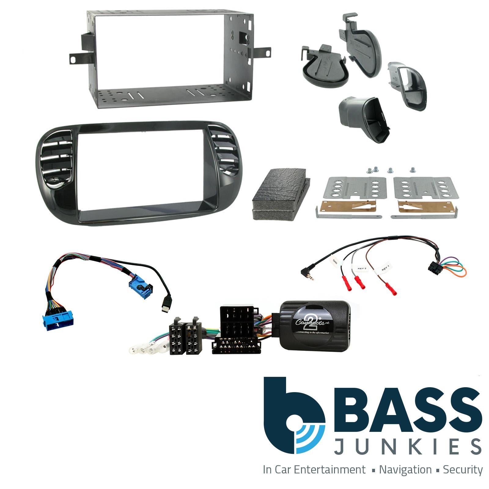 Connects 2 CTKFT02 - Fiat 500 2007 - 2015 Double Din Facia & Steering wheel Interface Fitting Installation Kit (Black Facia Panel)
