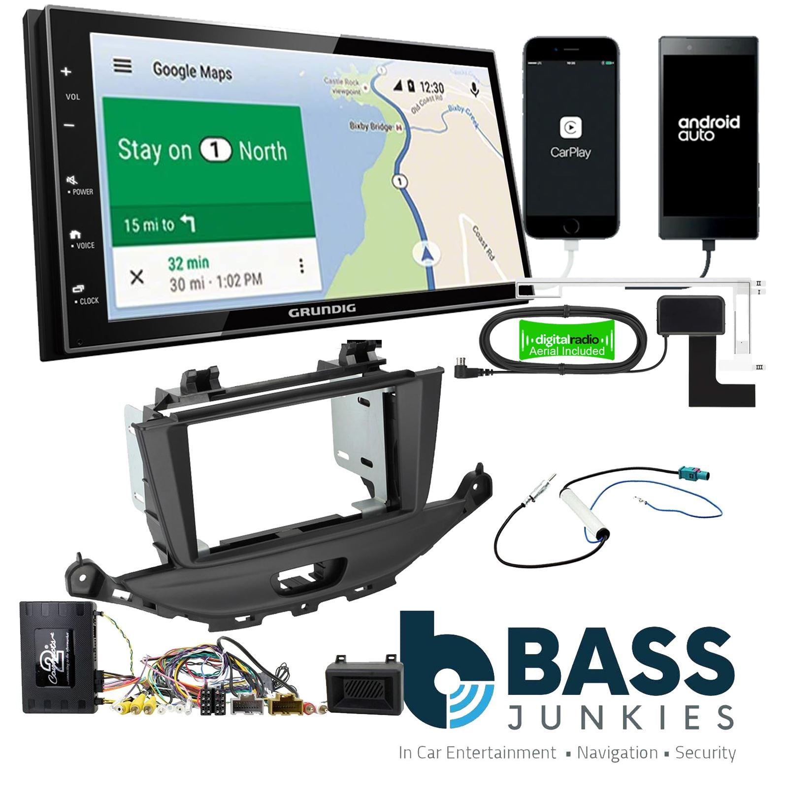 Grundig 6.8" Apple Android Double Din Stereo Fitting Kit + Steering Wheel Stalk Controls to fit Vauxhall Astra 2015-21