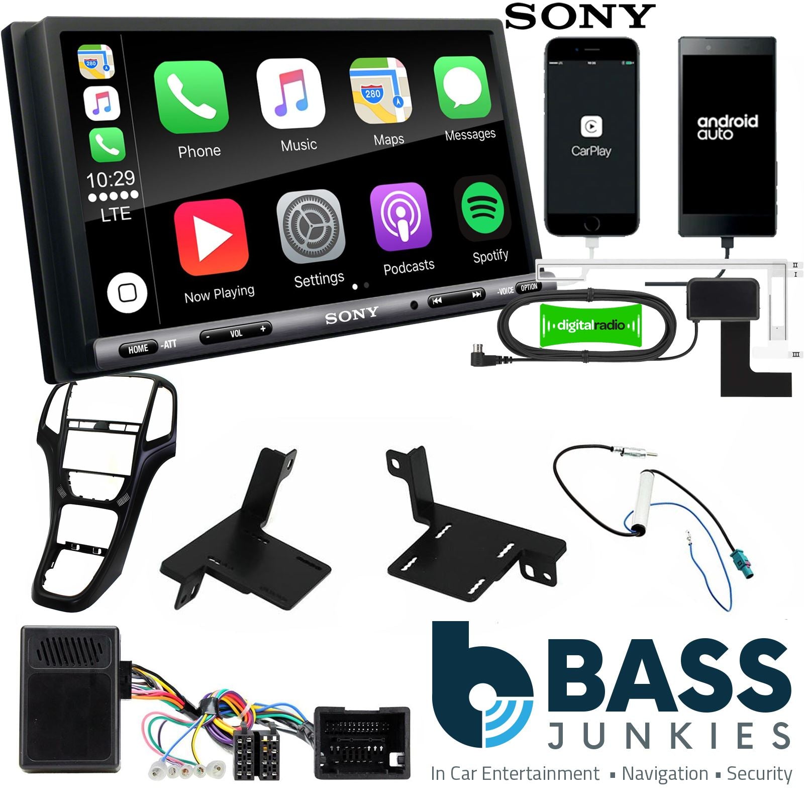 SONY DAB+ Apple | Android Double Din Stereo Fitting Kit + Steering Wheel Stalk Controls to fit Vauxhall Astra 2010-16