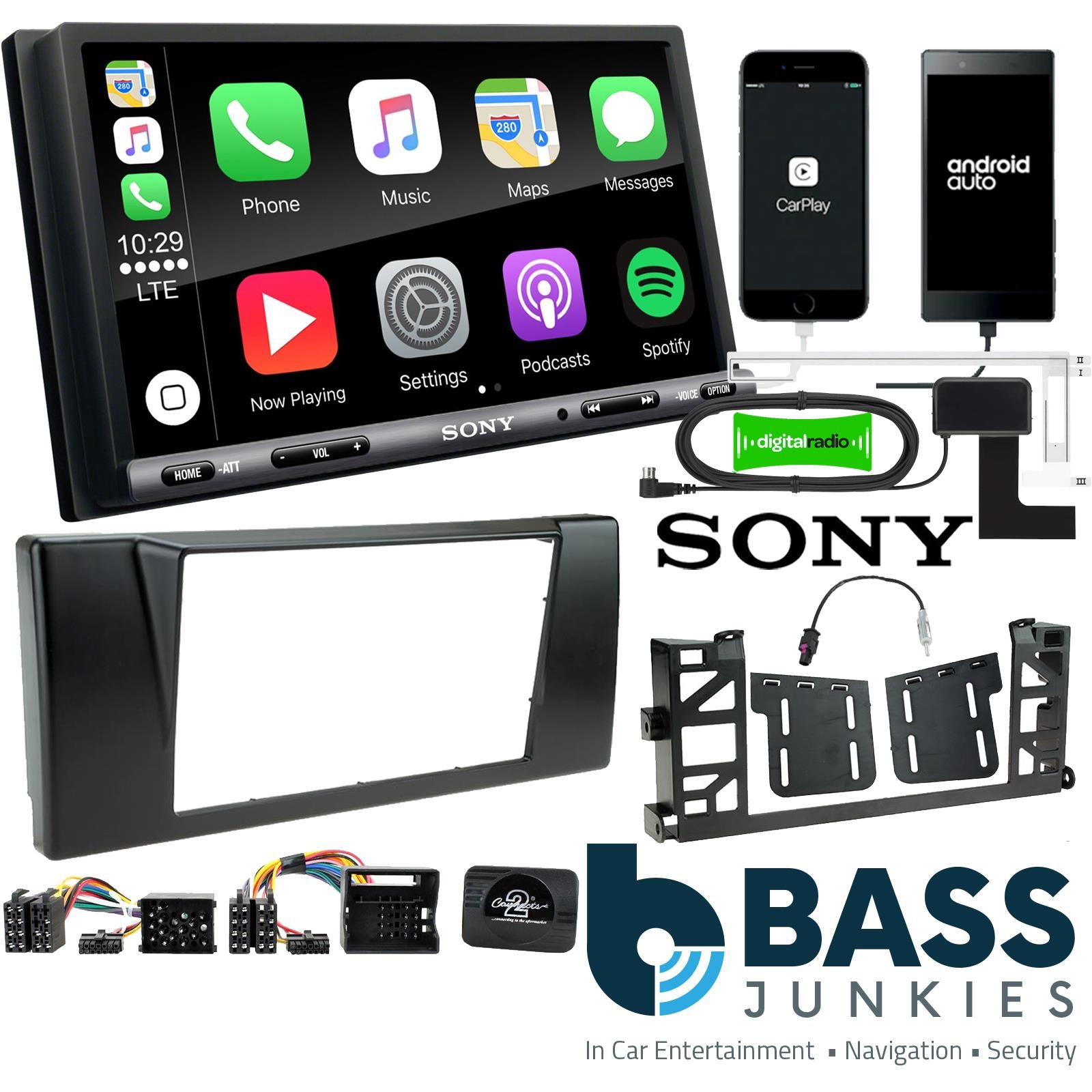 SONY DAB+ Apple | Android Double Din Stereo Fitting Kit + Steering Wheel Stalk Controls to fit BMW 5-Series 1996-04