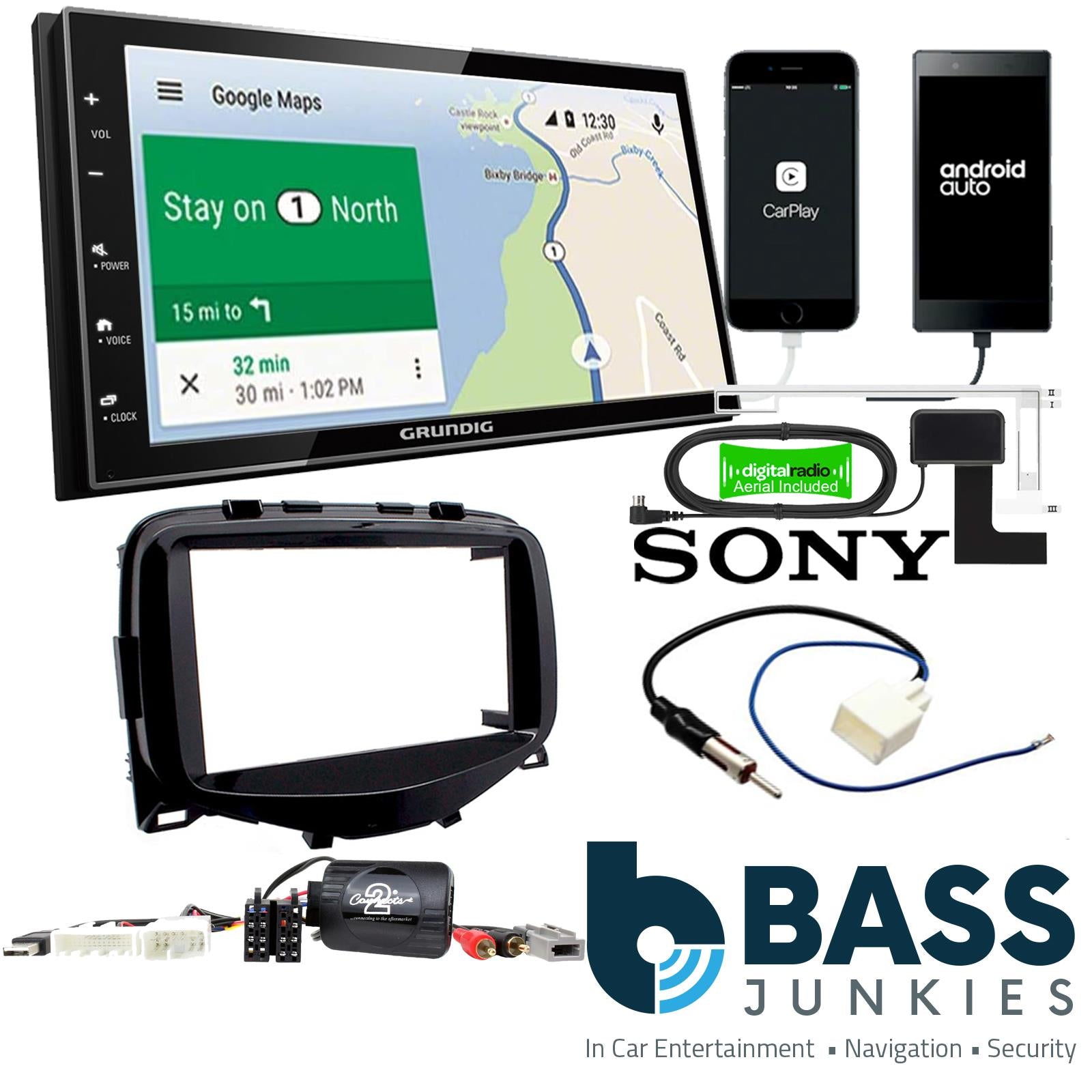 Grundig 6.8" Apple Android Double Din Stereo Fitting Kit + Steering Wheel Stalk Controls to fit Peugeot 108 2014-21