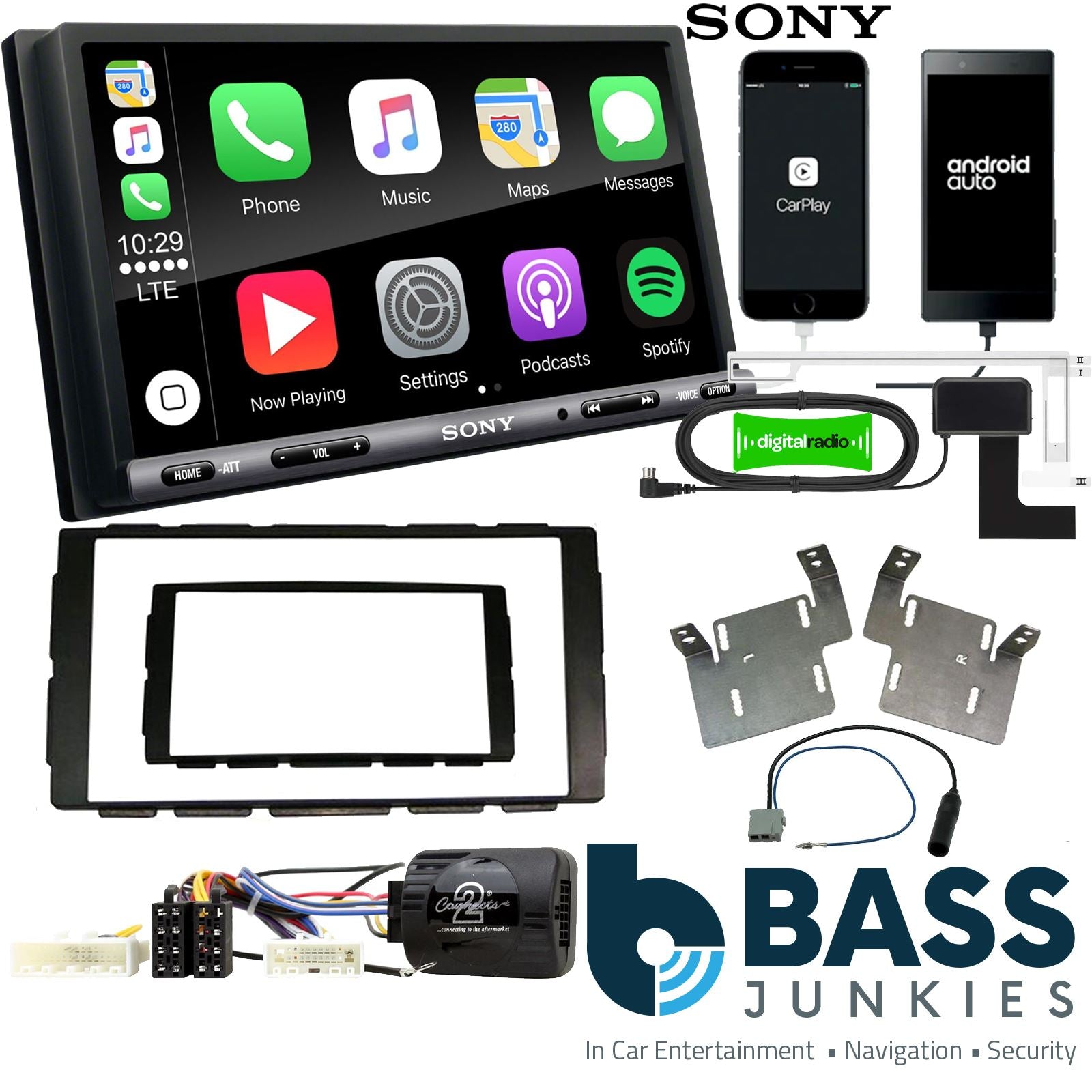 SONY DAB+ Apple | Android Double Din Stereo Fitting Kit + Steering Wheel Stalk Controls to fit Nissan Note 2012-17