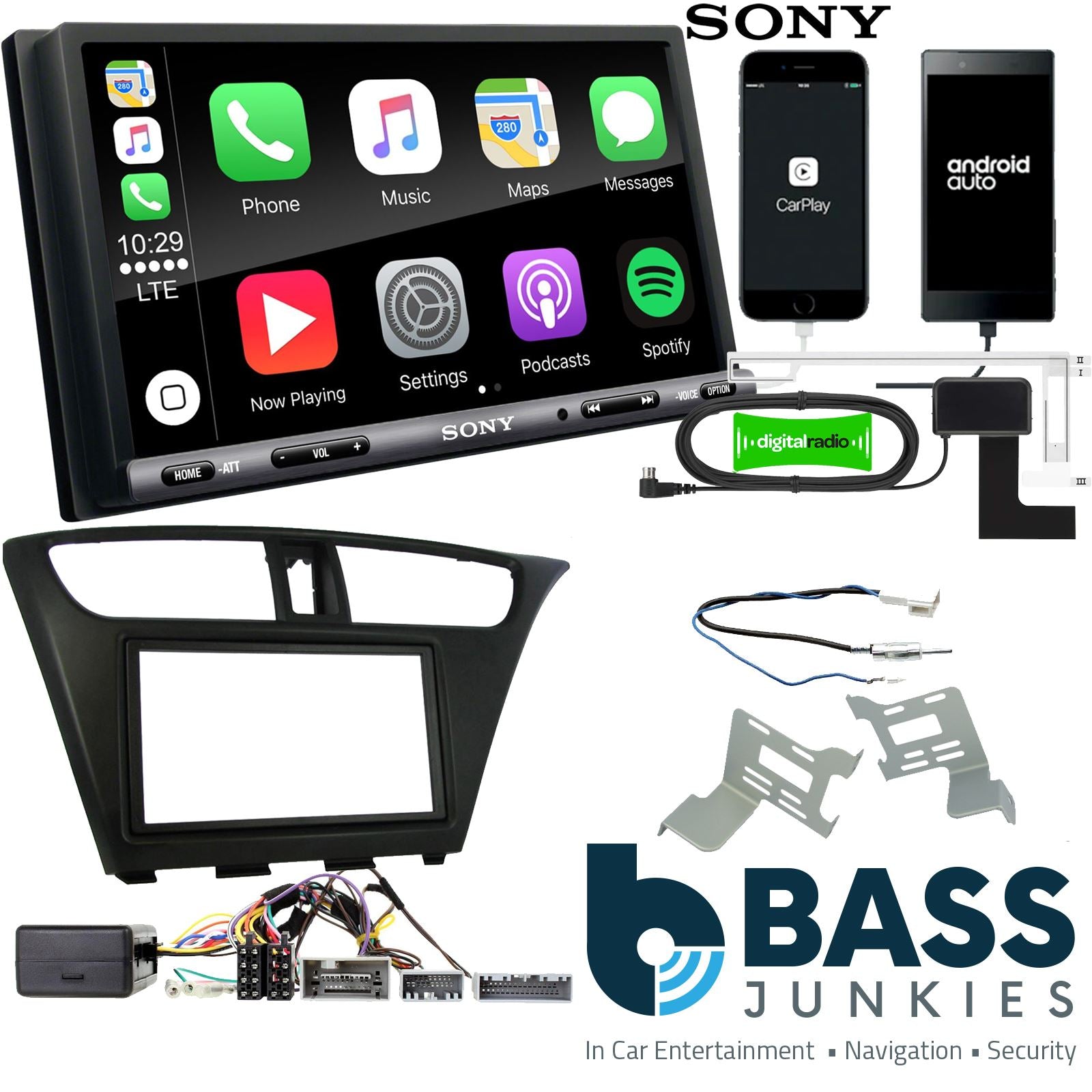 SONY DAB+ Apple | Android Double Din Stereo Fitting Kit + Steering Wheel Stalk Controls to fit Honda Civic 2012-15