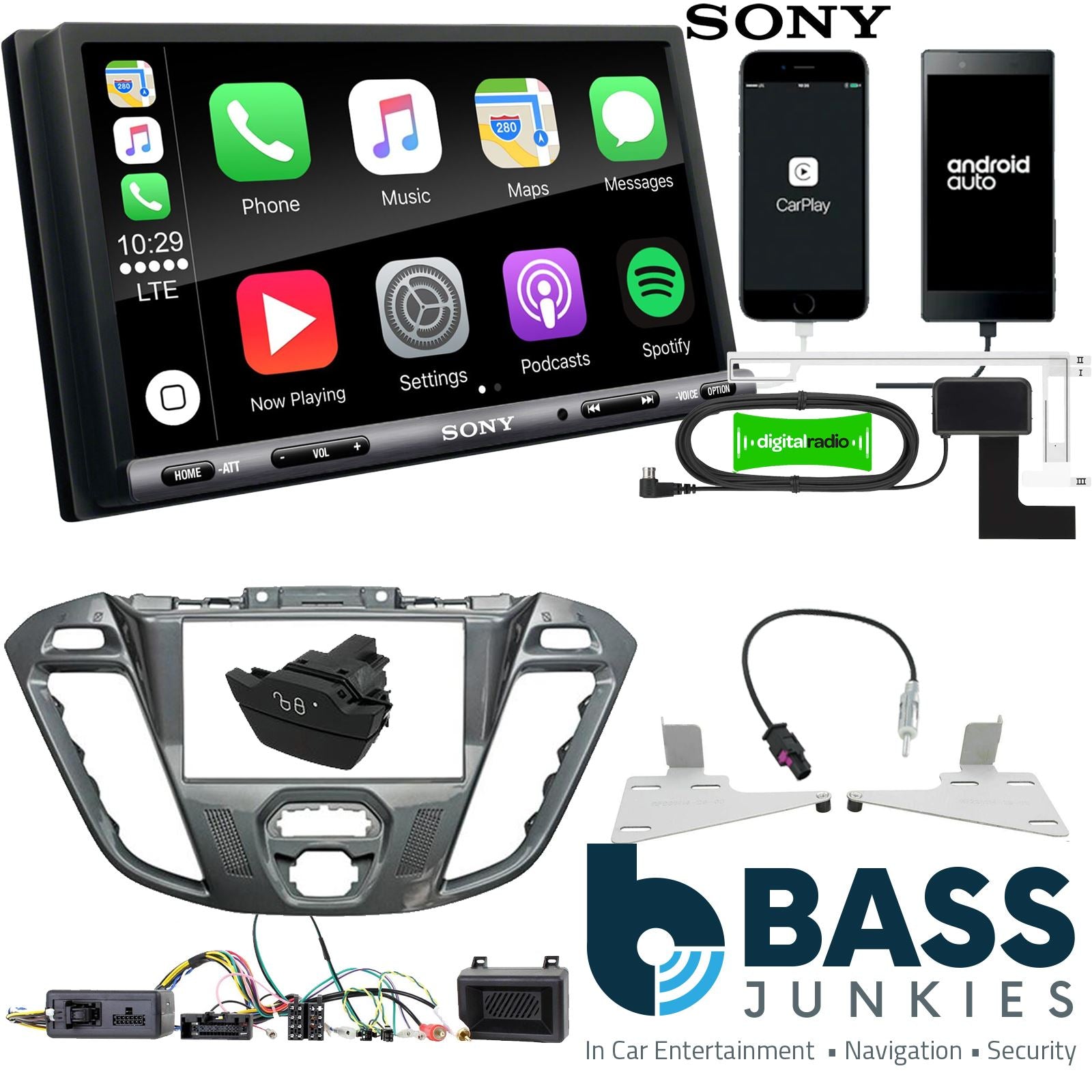 SONY DAB+ Apple | Android Double Din Stereo Fitting Kit + Steering Wheel Stalk Controls to fit Ford Transit-Custom 12-16