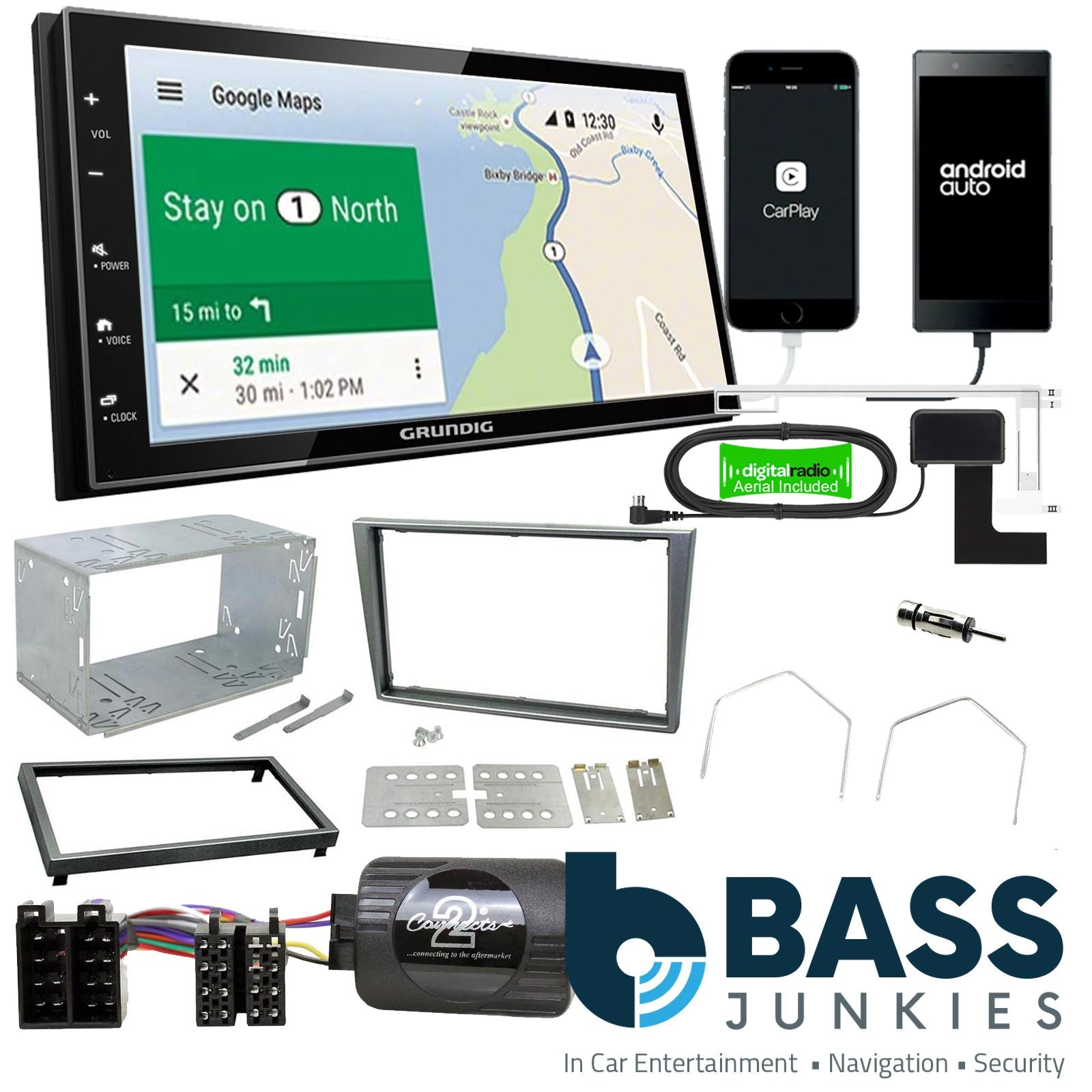 Grundig 6.8" Apple Android Double Din Stereo Fitting Kit + Steering Wheel Stalk Controls to fit Vauxhall Meriva 2005-10 | Vauxhall Signum 2005-08 | Vauxhall Tigra 2004-09 | Vauxhall Vectra 2004-08