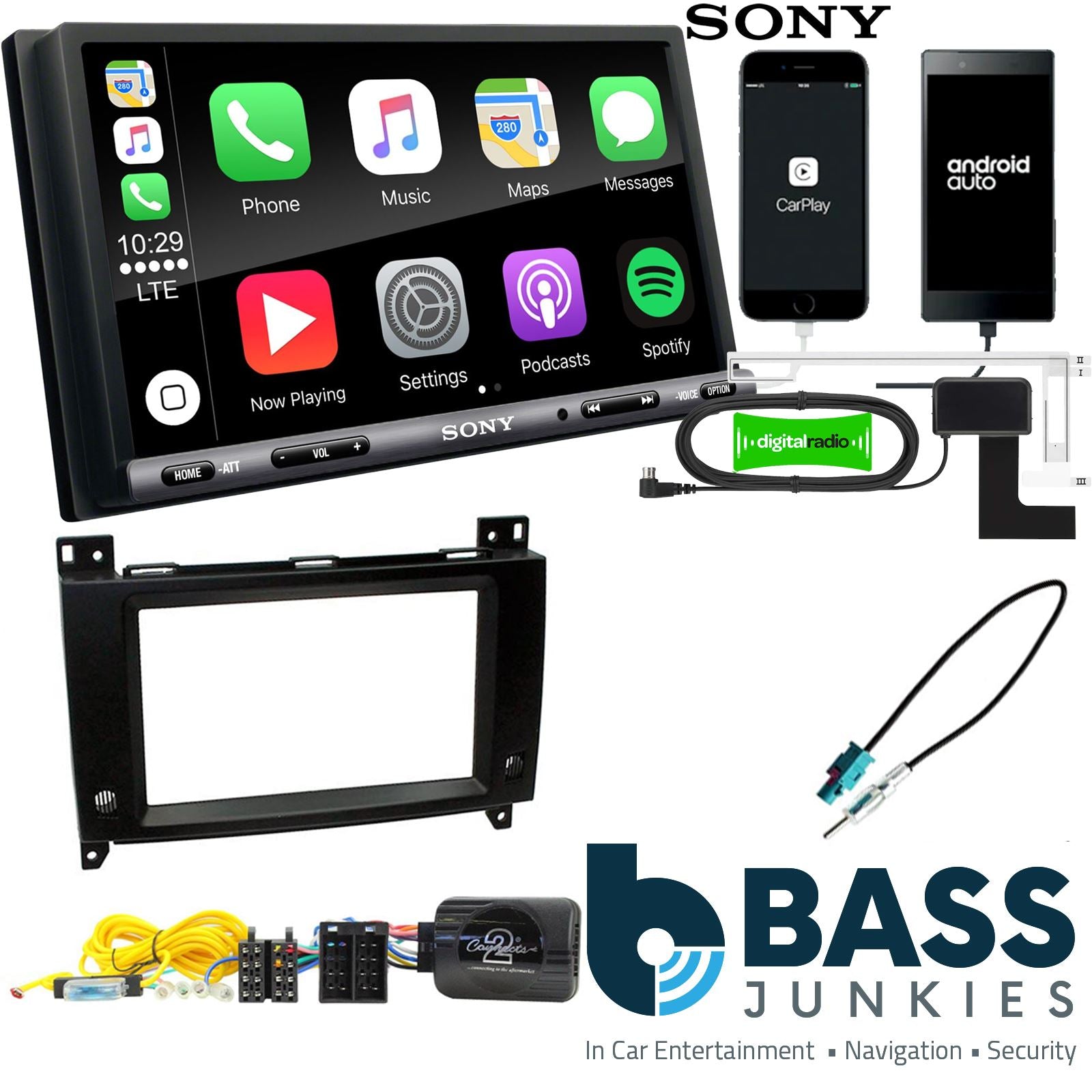 SONY DAB+ Apple | Android Double Din Stereo Fitting Kit + Steering Wheel Stalk Controls to fit Mercedes Vito 2015-21