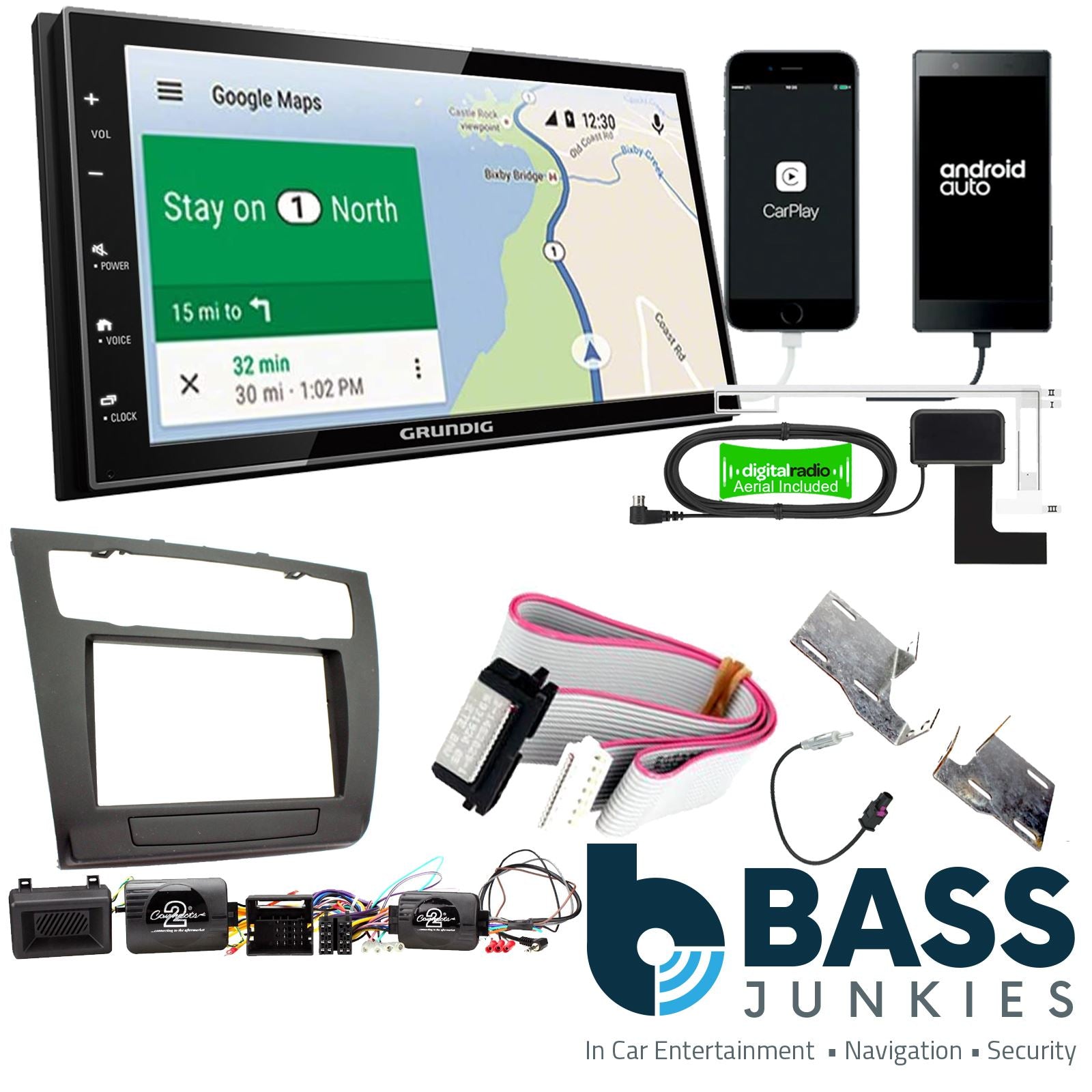 Grundig 6.8" Apple Android Double Din Stereo Fitting Kit + Steering Wheel Stalk Controls to fit BMW 1-Series 2007-13