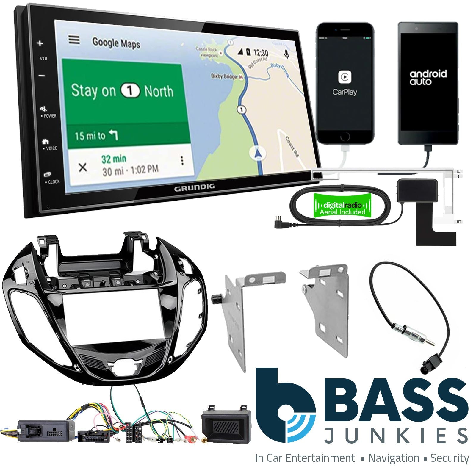 Grundig 6.8" Apple Android Double Din Stereo Fitting Kit + Steering Wheel Stalk Controls to fit Ford B-Max 2012-17
