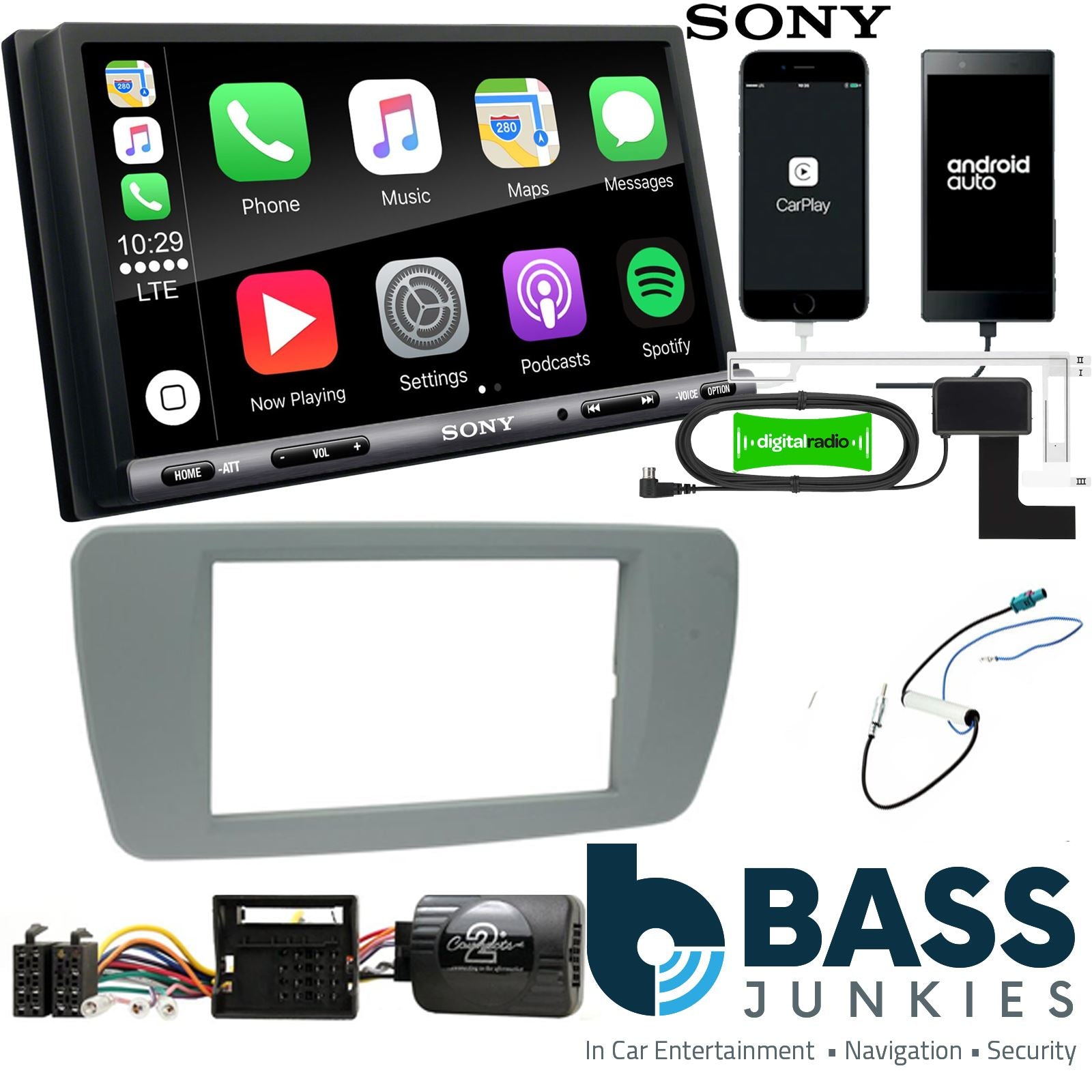 SONY DAB+ Apple | Android Double Din Stereo Fitting Kit + Steering Wheel Stalk Controls to fit Seat Ibiza 2008-14