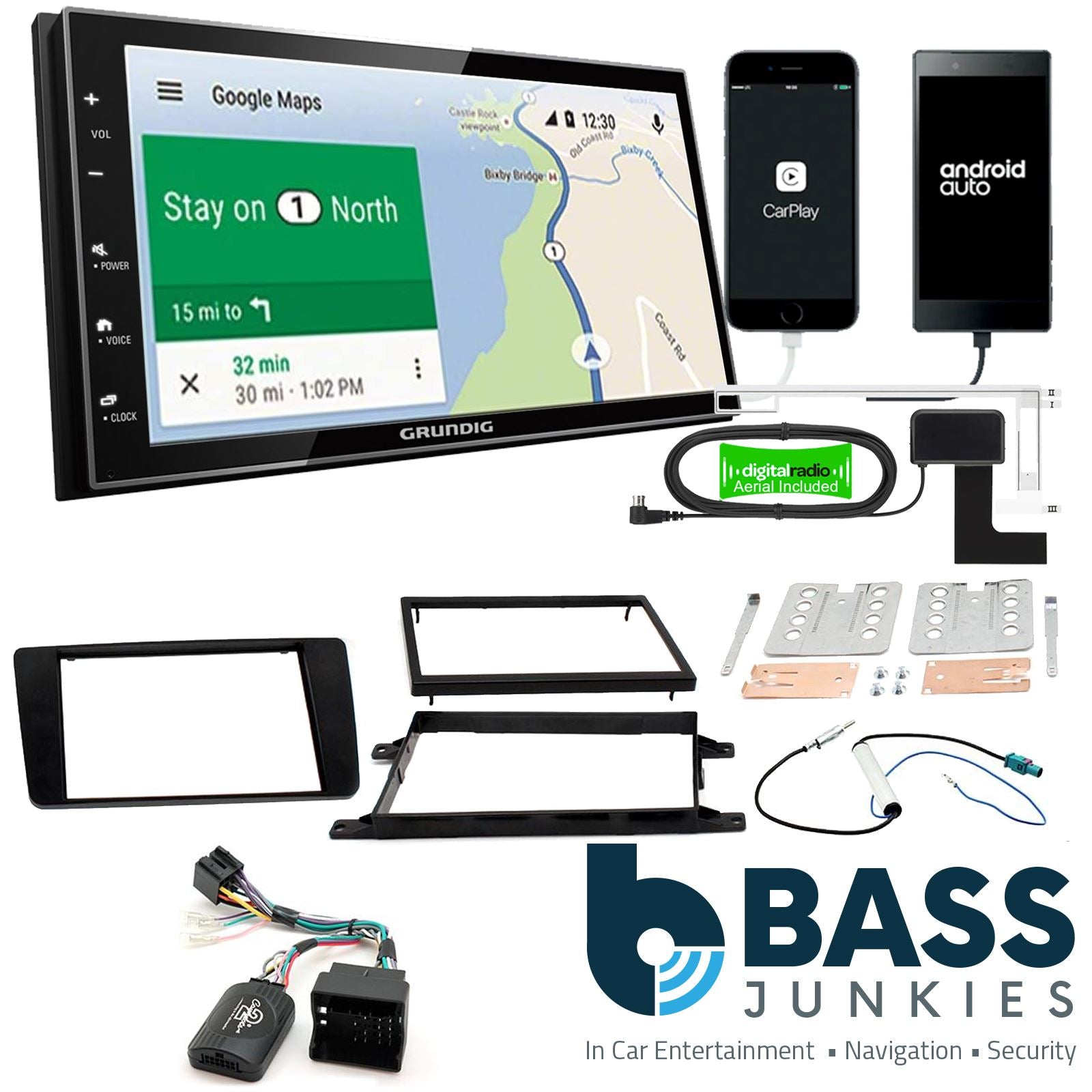 Grundig 6.8" Apple Android Double Din Stereo Fitting Kit + Steering Wheel Stalk Controls to fit Skoda Superb 2008-13