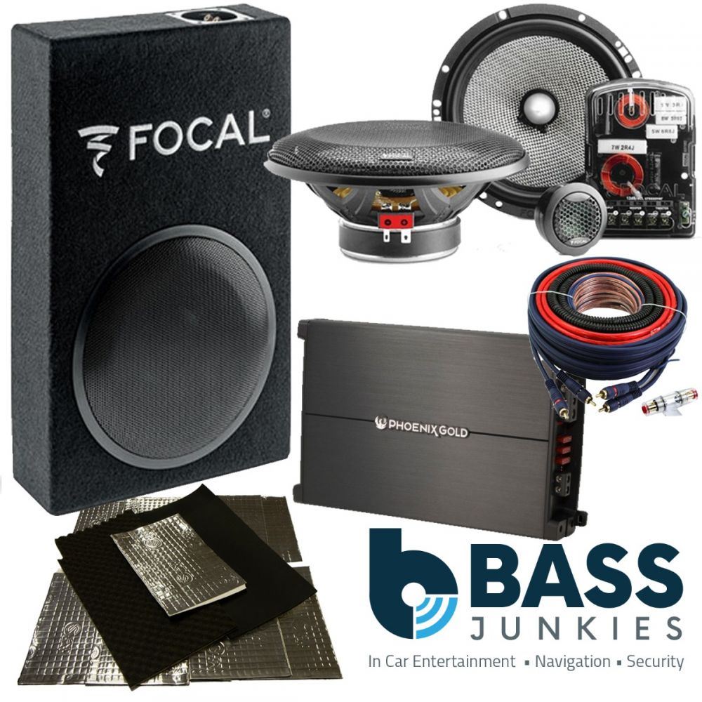 Focal 8" 250W Passive Car Subwoofer Box & 6.5" 120W Component Front Speakers & Phoenix Gold 600W Monoblock Car Amplifier & Large Sound Deadening Bass Package Kit
