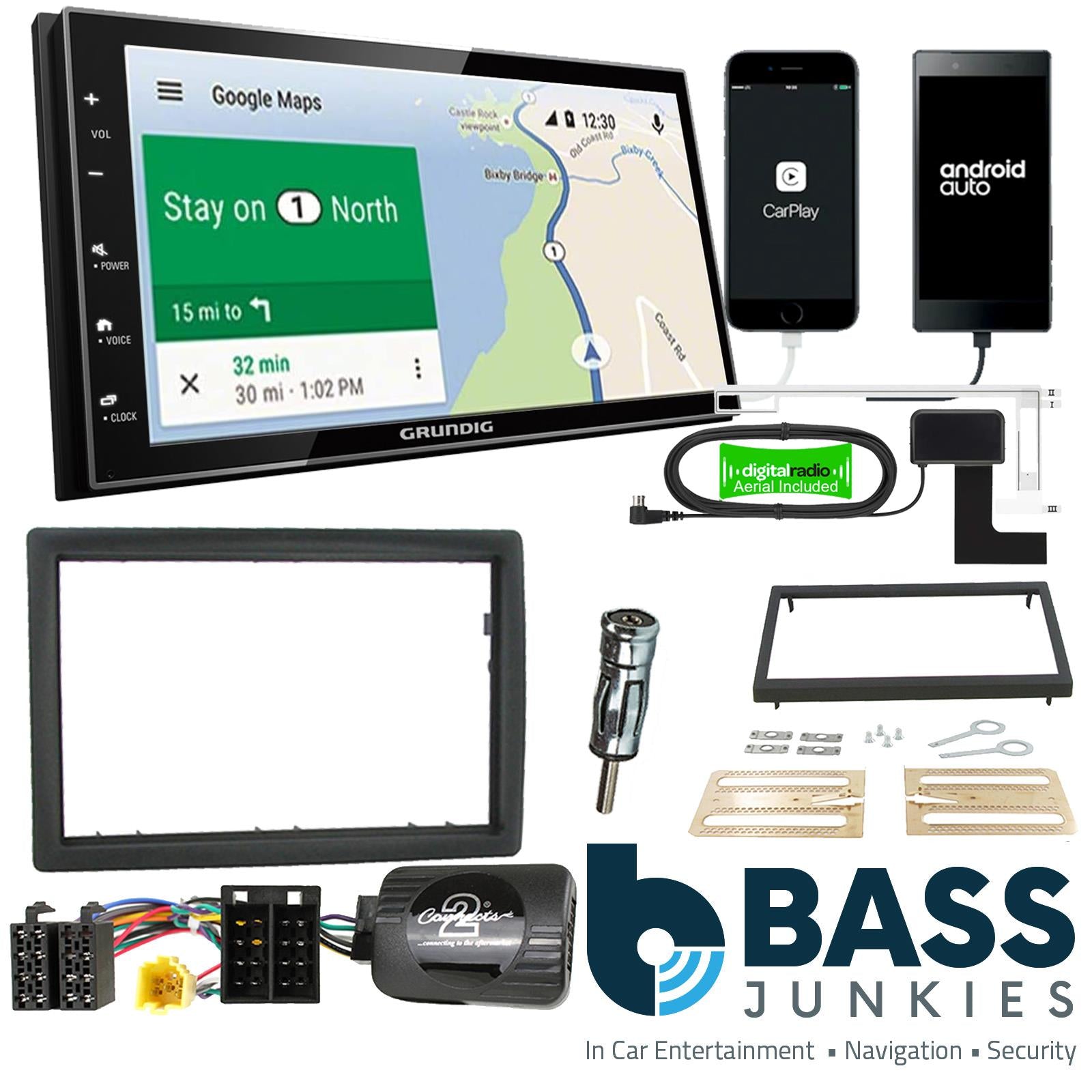 Grundig 6.8" Apple Android Double Din Stereo Fitting Kit + Steering Wheel Stalk Controls to fit Renault Megane 2006-08
