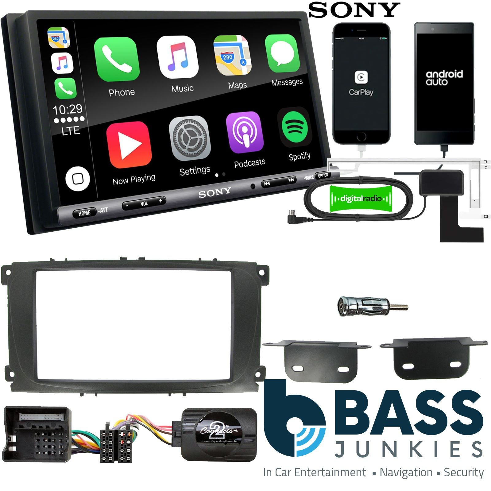 SONY DAB+ Apple | Android Double Din Stereo Fitting Kit + Steering Wheel Stalk Controls to fit Ford Focus 2007-11 | Ford Mondeo 2007-14