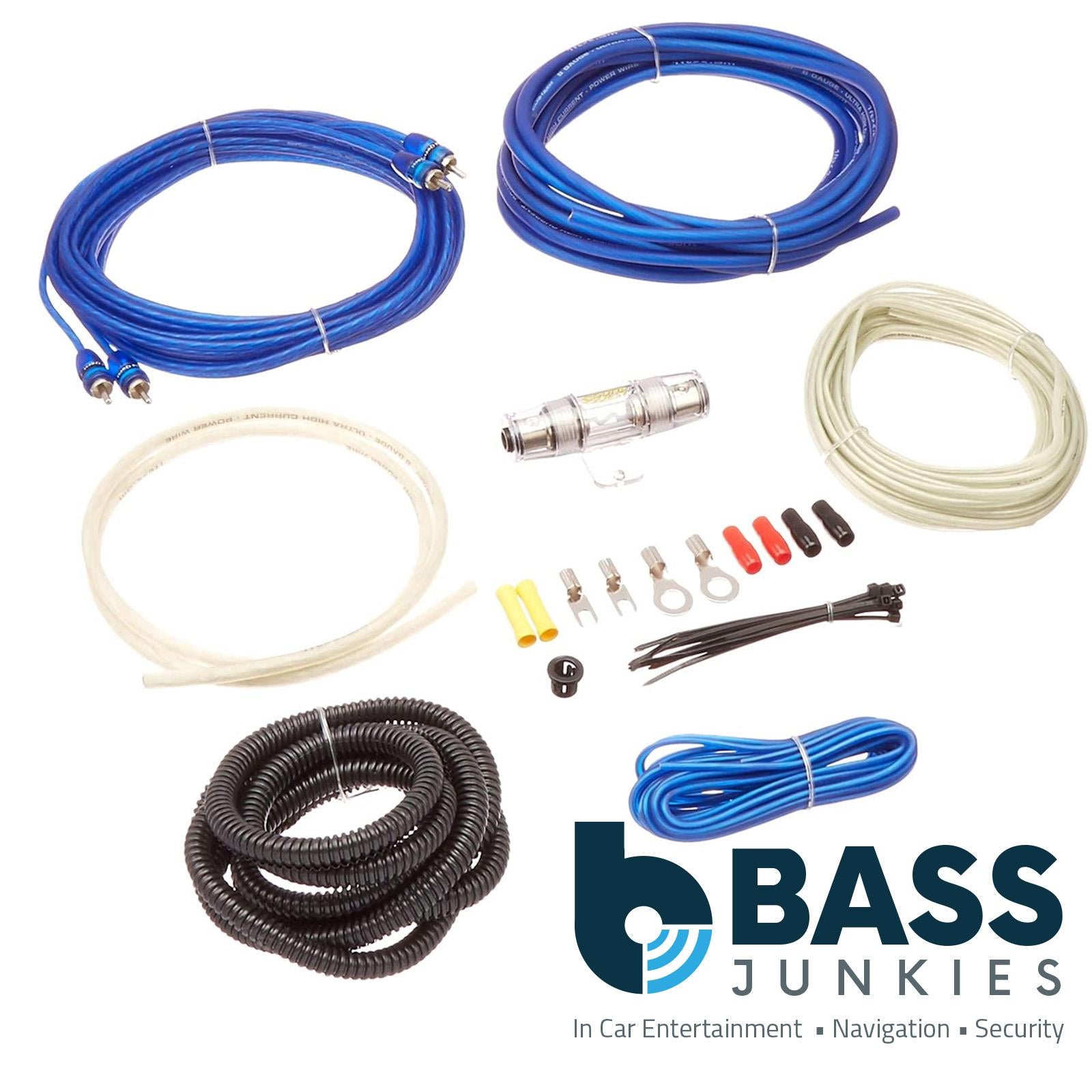 Soundquest - 8 Gauge 600 Watts Blue Twisted RCA Fuseholder Complete Car Amp Kit