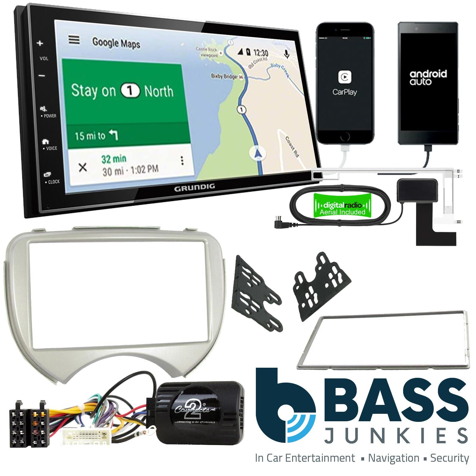 Grundig 6.8" Apple Android Double Din Stereo Fitting Kit + Steering Wheel Stalk Controls to fit Nissan Micra 2011-14