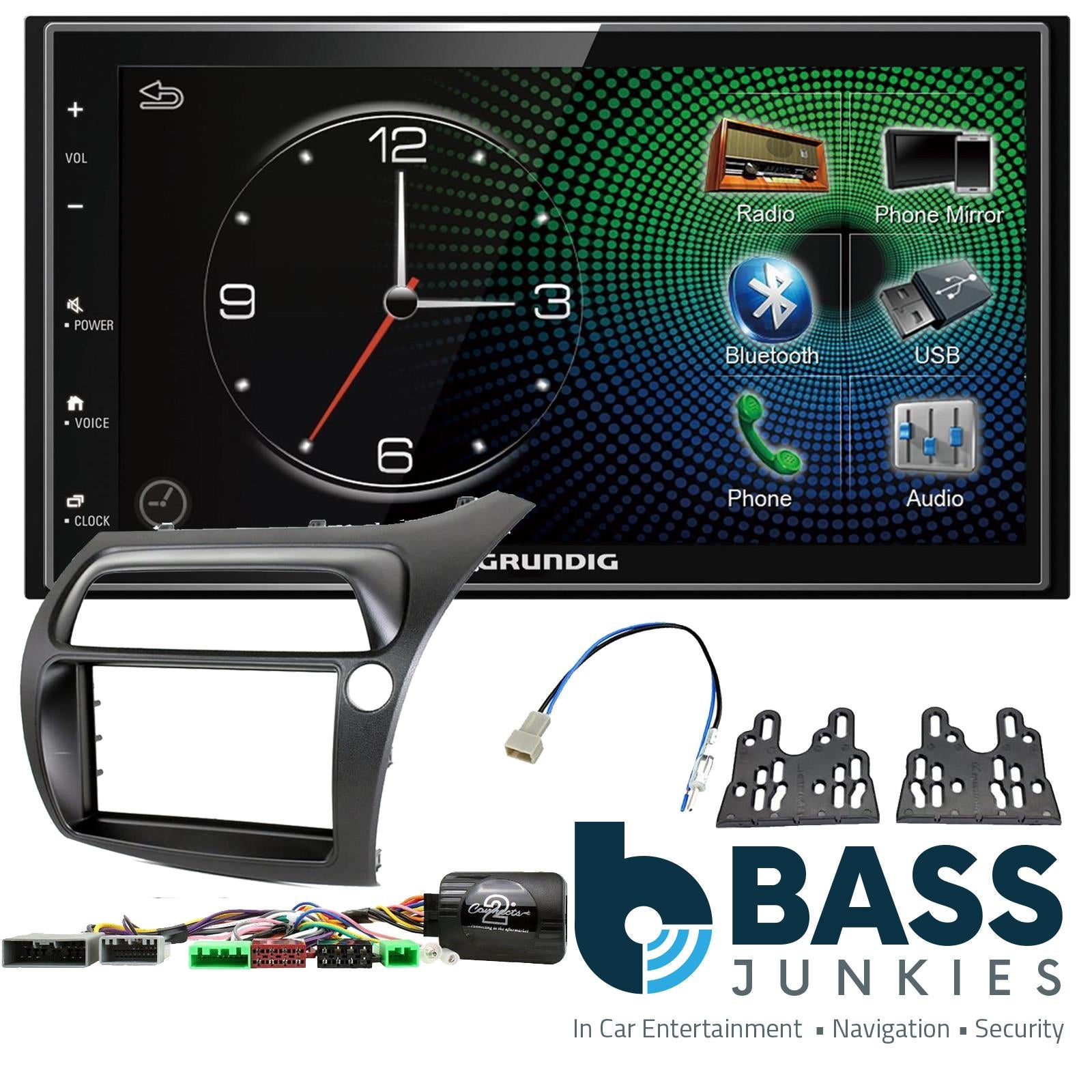 Grundig 6.8" Apple Android Double Din Stereo Fitting Kit + Steering Wheel Stalk Controls to fit Honda Civic 2006-11