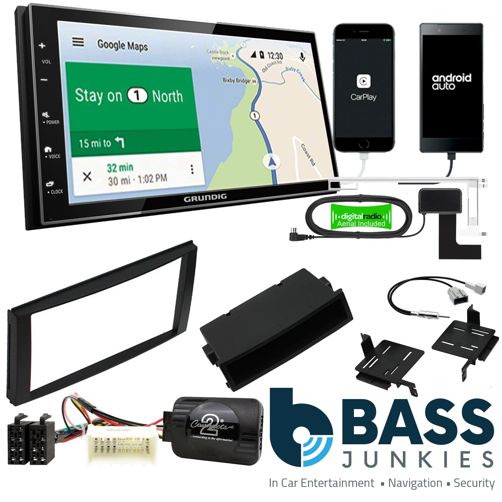Grundig 6.8" Apple Android Double Din Stereo Fitting Kit + Steering Wheel Stalk Controls to fit Hyundai Santa-Fe 2007-10