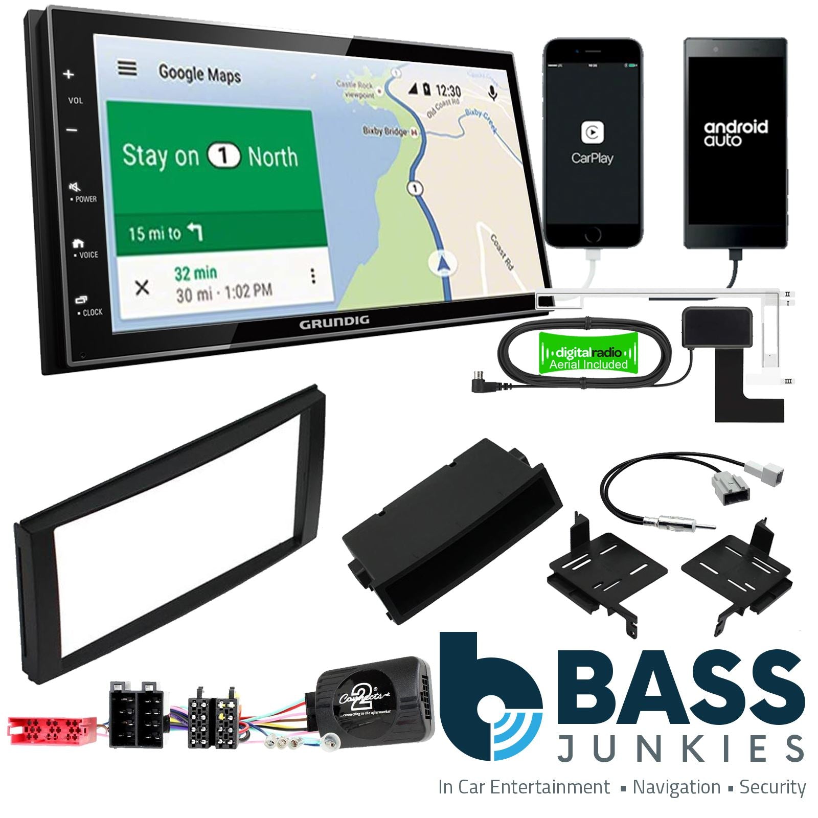 Grundig 6.8" Apple Android Double Din Stereo Fitting Kit + Steering Wheel Stalk Controls to fit Hyundai Santa-Fe 2010-12