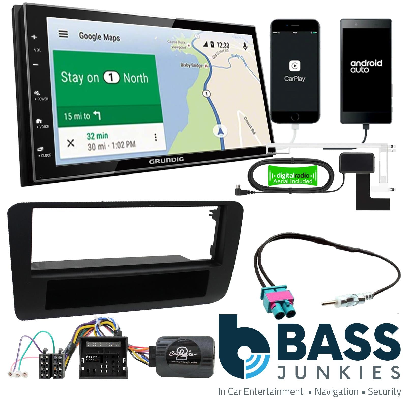 Grundig 6.8" Apple Android Double Din Stereo Fitting Kit + Steering Wheel Stalk Controls to fit Audi A4 2001-08