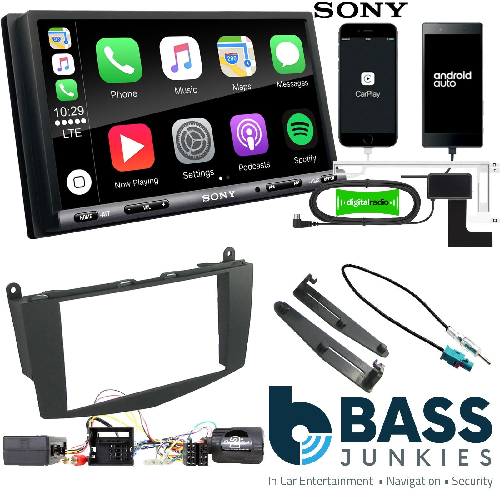 SONY DAB+ Apple | Android Double Din Stereo Fitting Kit + Steering Wheel Stalk Controls to fit Mercedes C-Class 2007-11