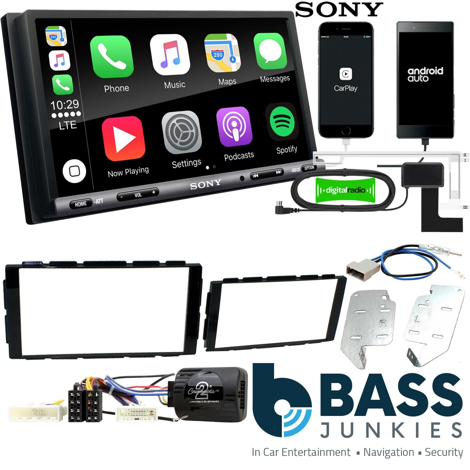 SONY DAB+ Apple | Android Double Din Stereo Fitting Kit + Steering Wheel Stalk Controls to fit Nissan Juke 2014-