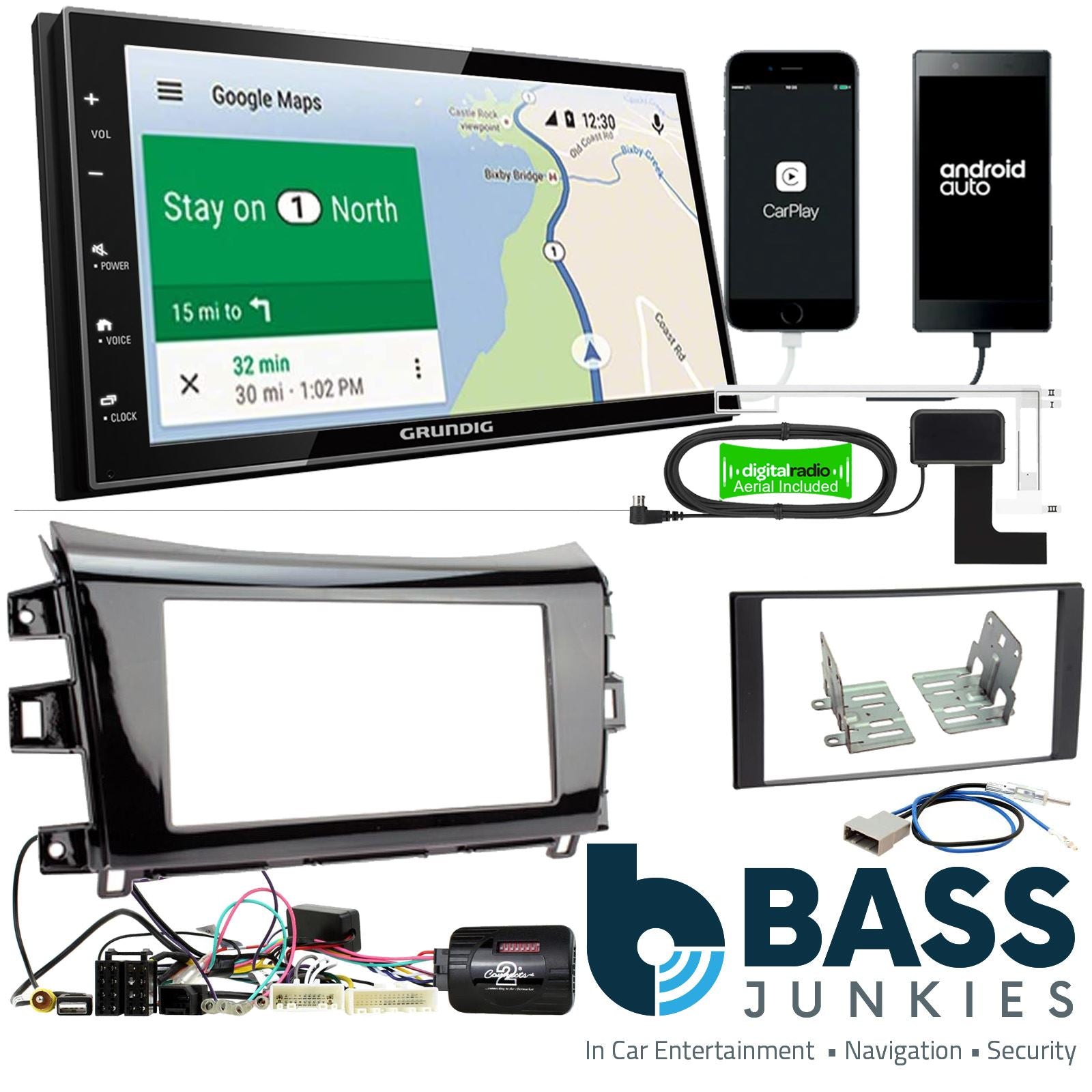 Grundig 6.8" Apple Android Double Din Stereo Fitting Kit + Steering Wheel Stalk Controls to fit Nissan Navara 2015-