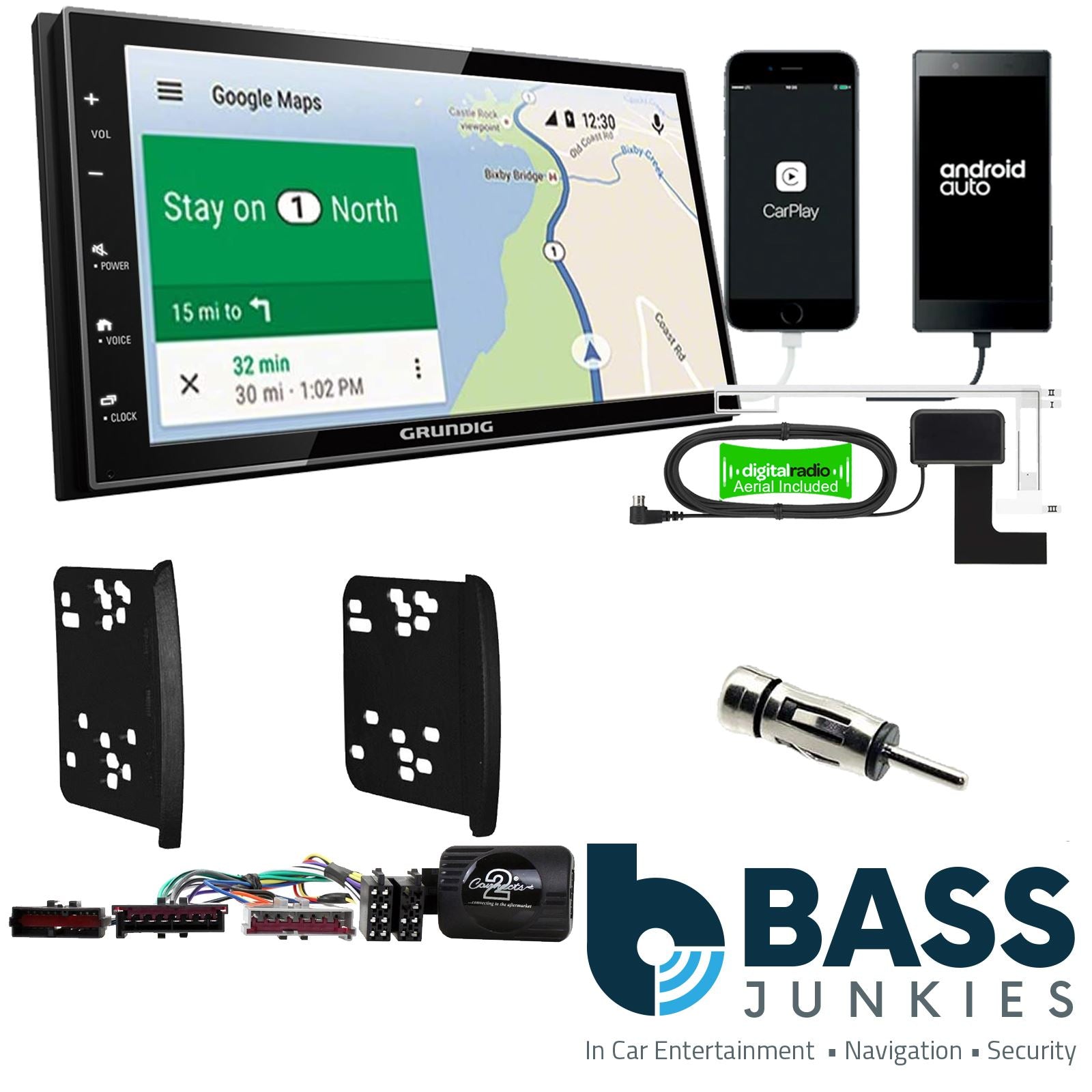 Grundig 6.8" Apple Android Double Din Stereo Fitting Kit + Steering Wheel Stalk Controls to fit Ford Focus 1998-04