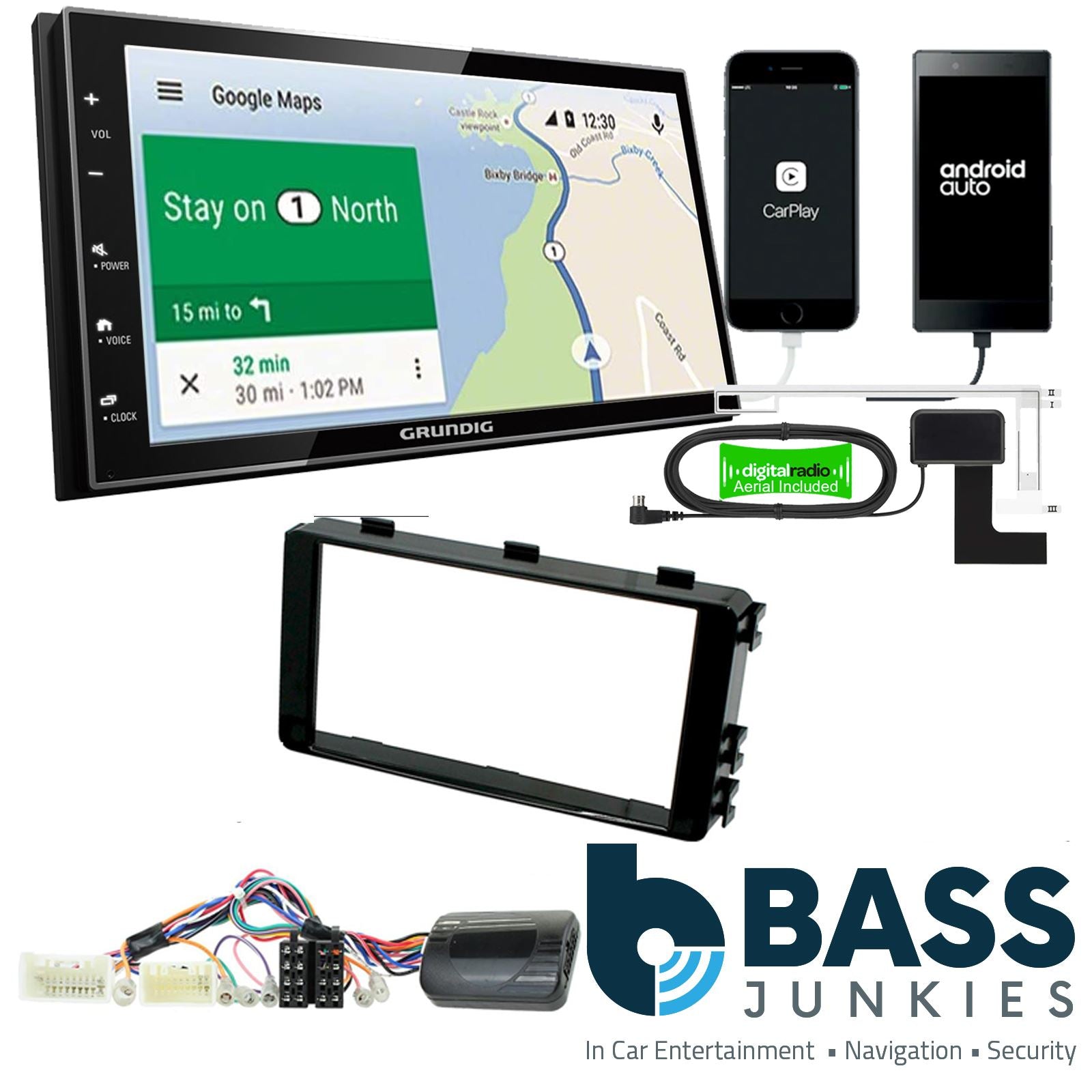 Grundig 6.8" Apple Android Double Din Stereo Fitting Kit + Steering Wheel Stalk Controls to fit Mitsubishi Outlander 13-21