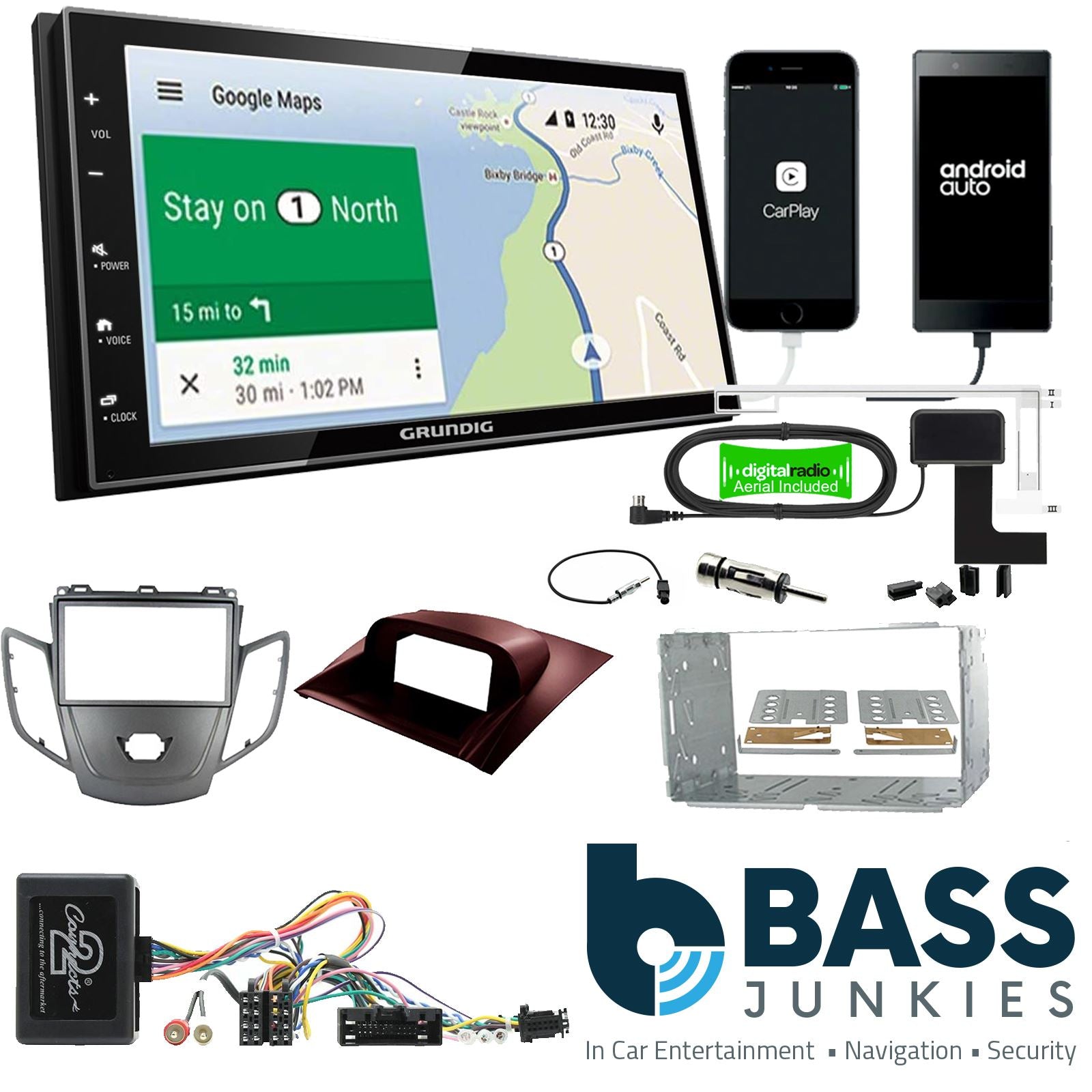 Grundig 6.8" Apple Android Double Din Stereo Fitting Kit + Steering Wheel Stalk Controls to fit Ford Fiesta 2010-12