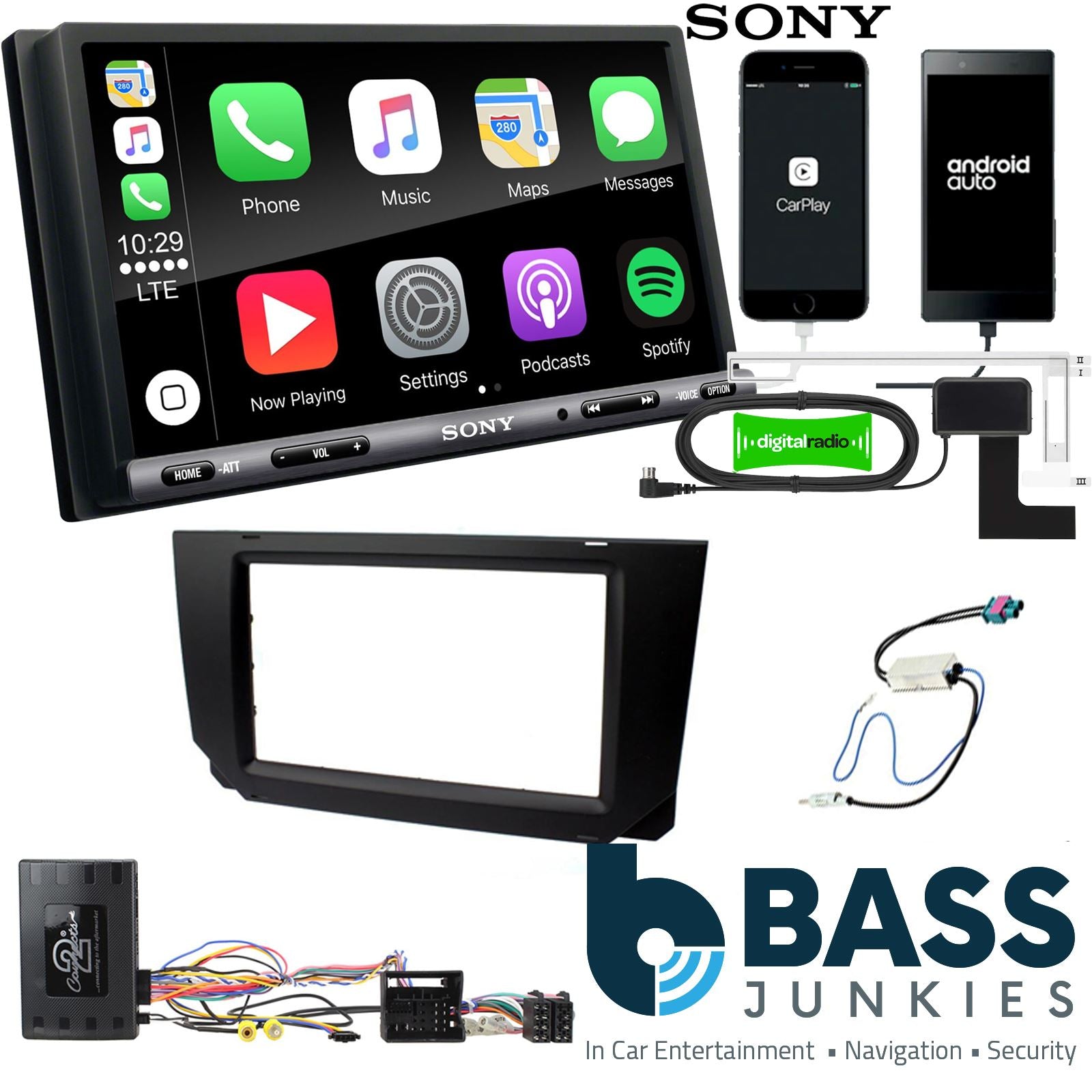 SONY DAB+ Apple | Android Double Din Stereo Fitting Kit + Steering Wheel Stalk Controls to fit Seat Arona 2017-21 | Seat Ibiza 2017-21
