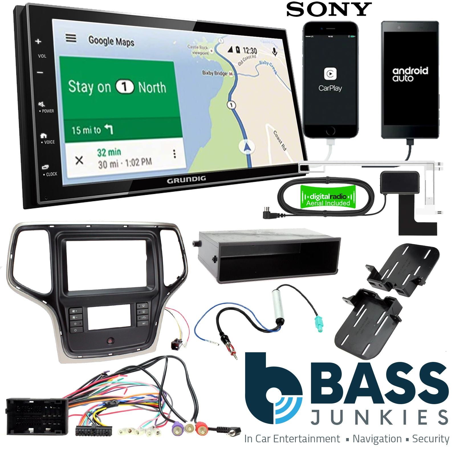 Grundig 6.8" Apple Android Double Din Stereo Fitting Kit + Steering Wheel Stalk Controls to fit Jeep Grand-Cherokee 14-21