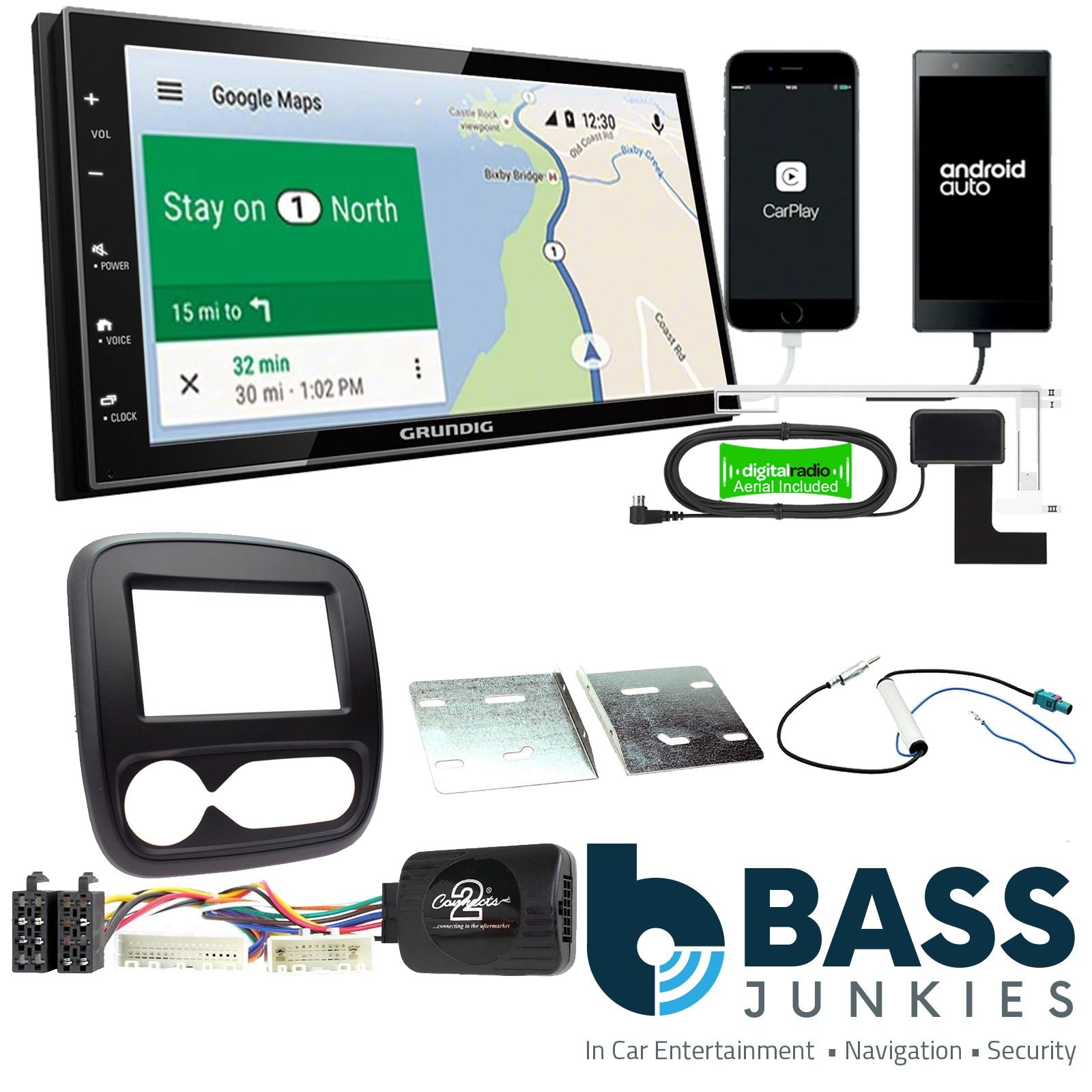 Grundig 6.8" Apple Android Double Din Stereo Fitting Kit + Steering Wheel Stalk Controls to fit Vauxhall Vivaro 2014- | Opel Vivaro 2014-