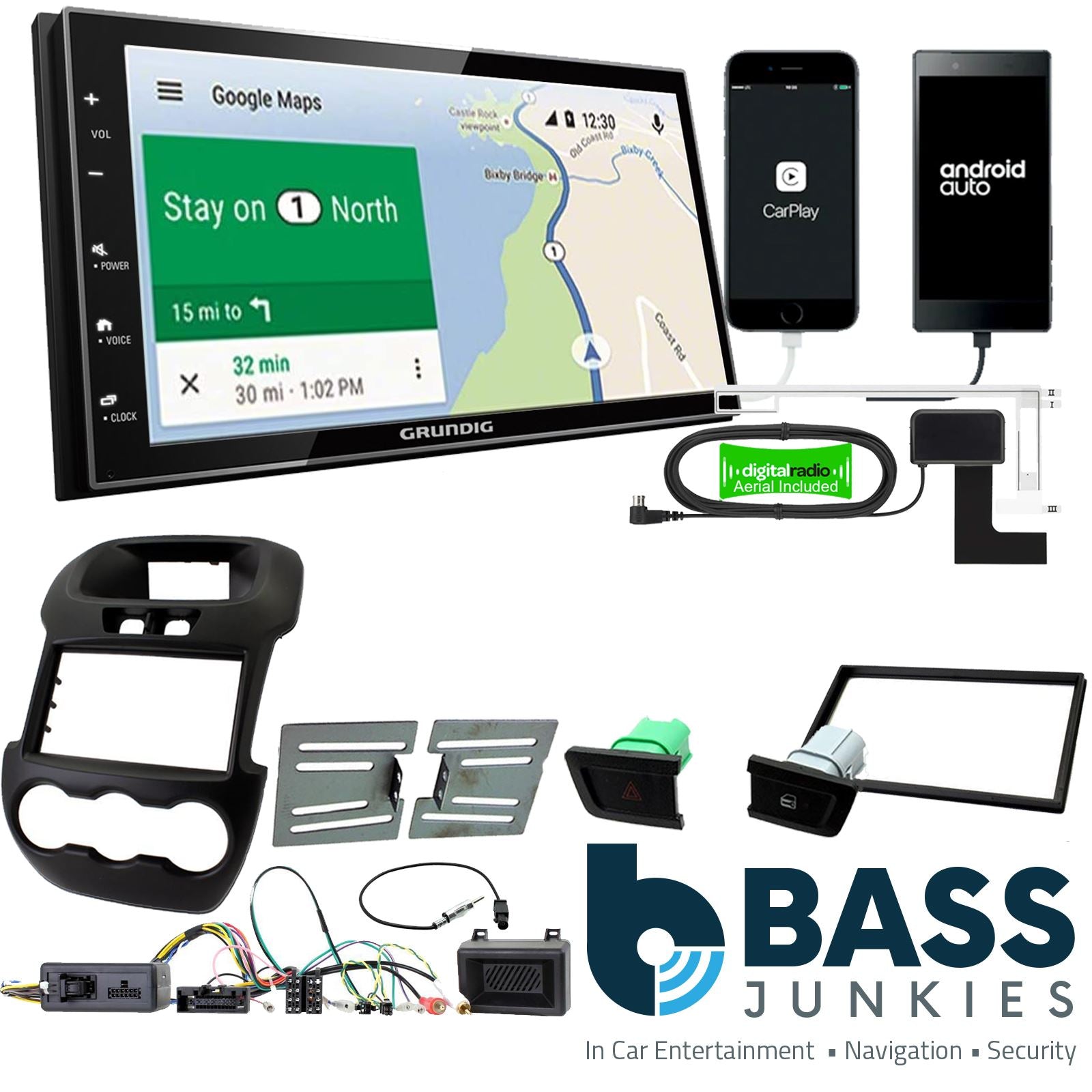 Grundig 6.8" Apple Android Double Din Stereo Fitting Kit + Steering Wheel Stalk Controls to fit Ford Ranger 2012-16