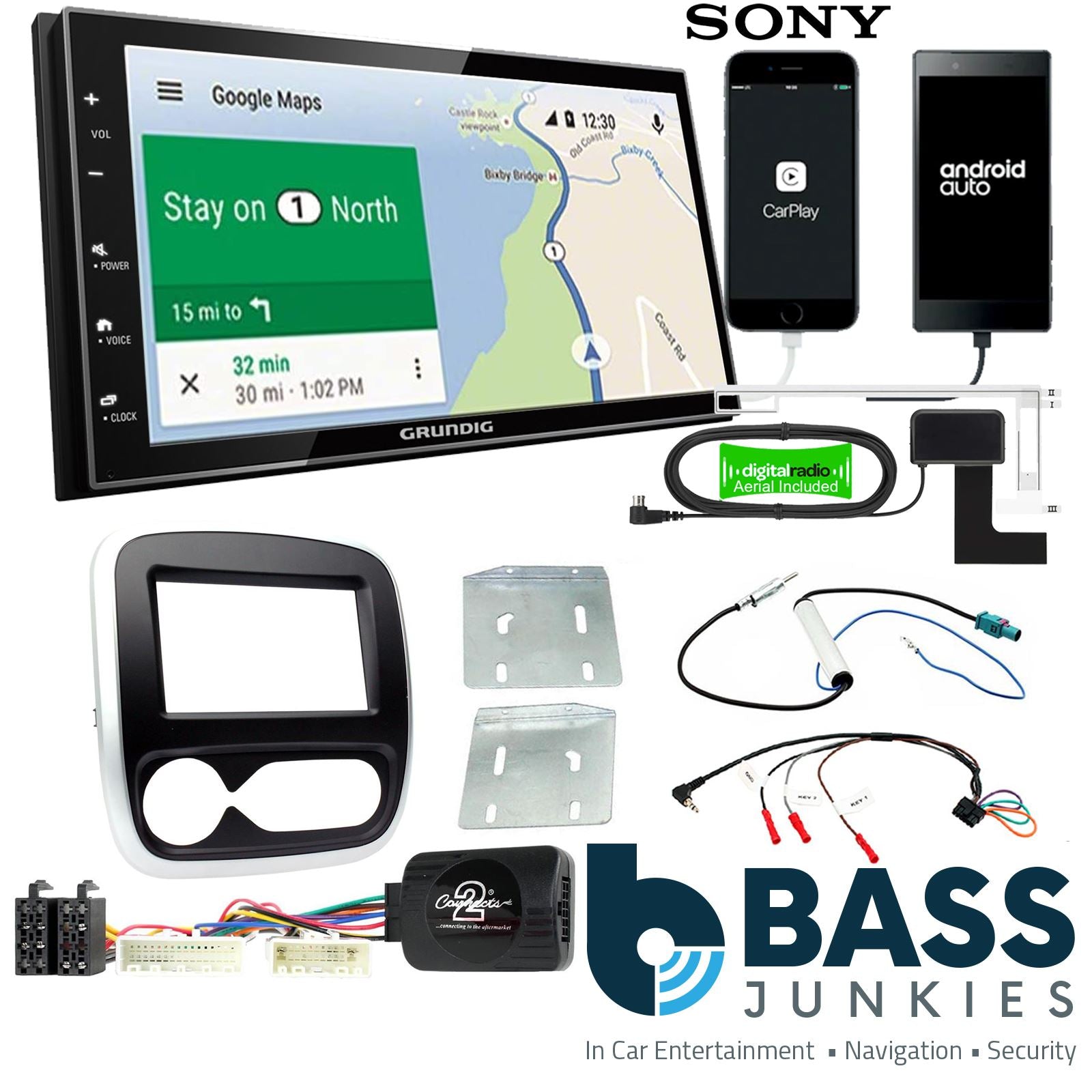 Grundig 6.8" Apple Android Double Din Stereo Fitting Kit + Steering Wheel Stalk Controls to fit Renault Trafic 2017-