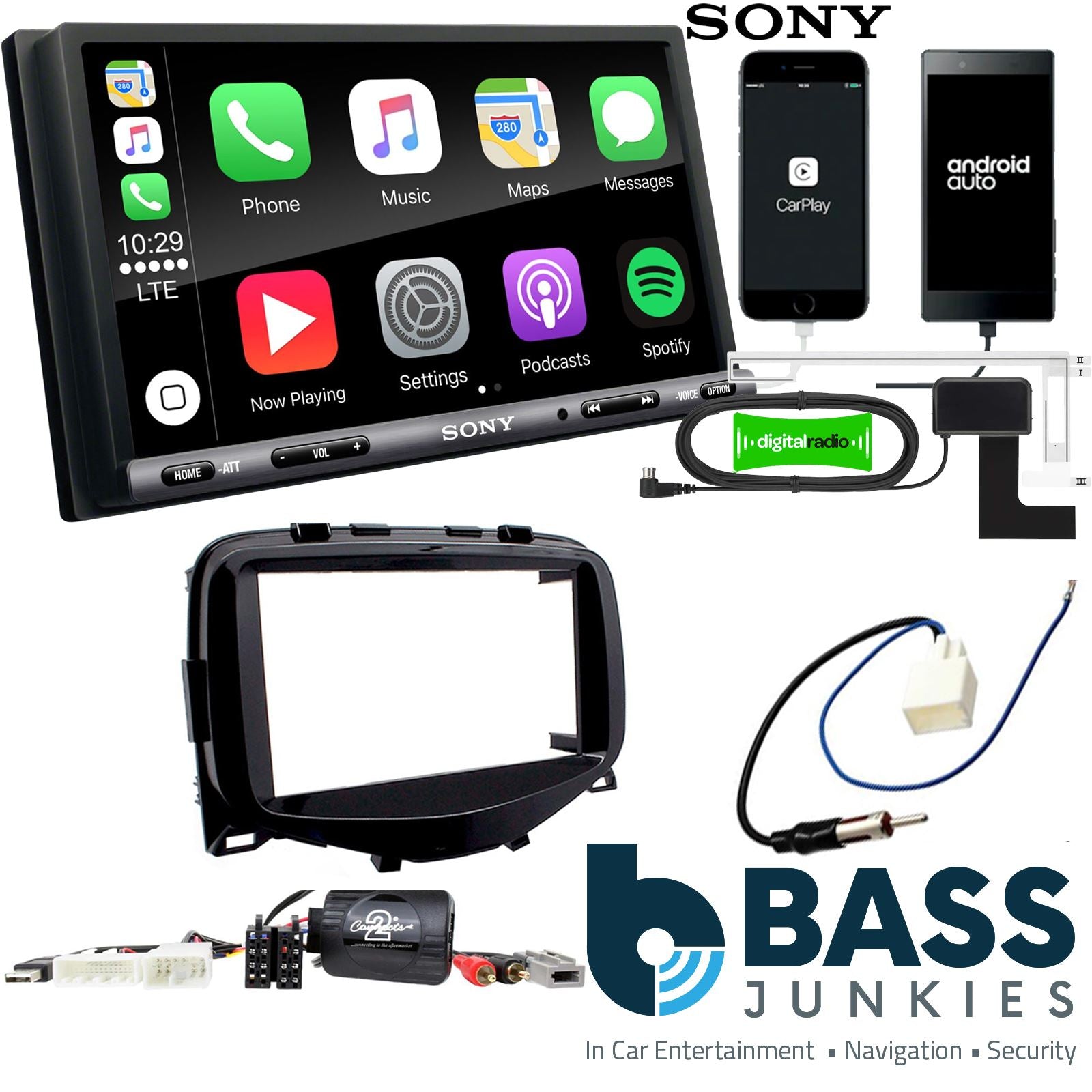 SONY DAB+ Apple | Android Double Din Stereo Fitting Kit + Steering Wheel Stalk Controls to fit Peugeot 108 2014-21