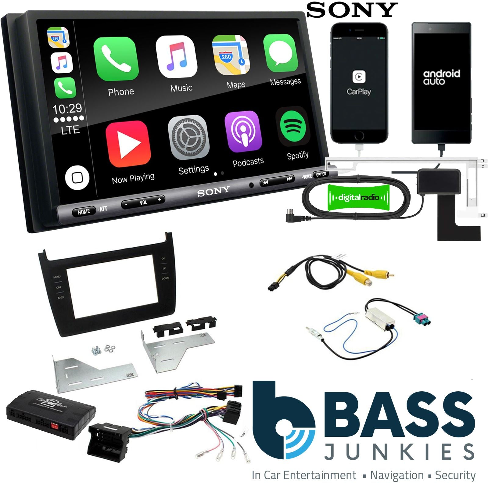 SONY DAB+ Apple | Android Double Din Stereo Fitting Kit + Steering Wheel Stalk Controls to fit VW Polo 2012-17