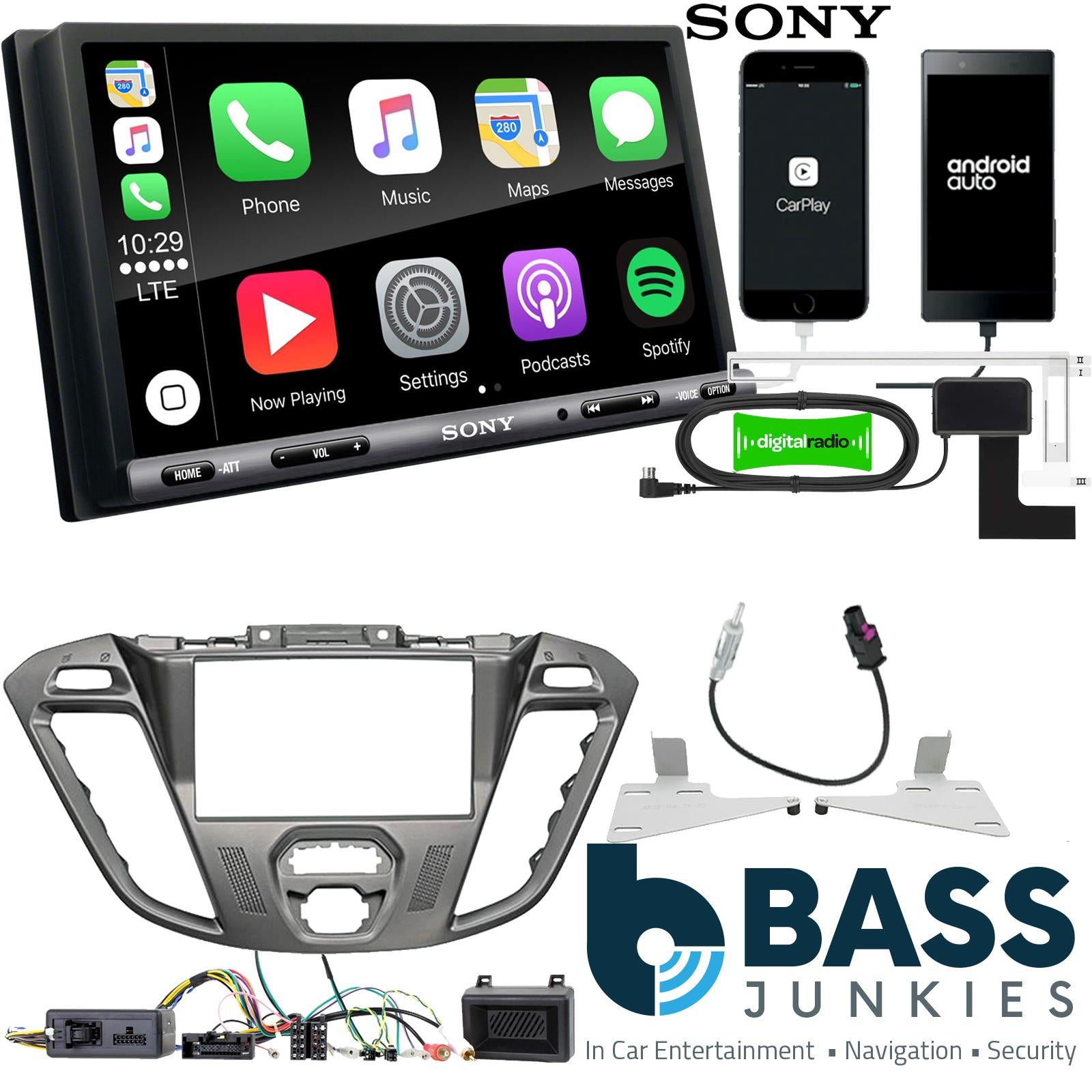 SONY DAB+ Apple | Android Double Din Stereo Fitting Kit + Steering Wheel Stalk Controls to fit Ford Transit-Custom 12-16