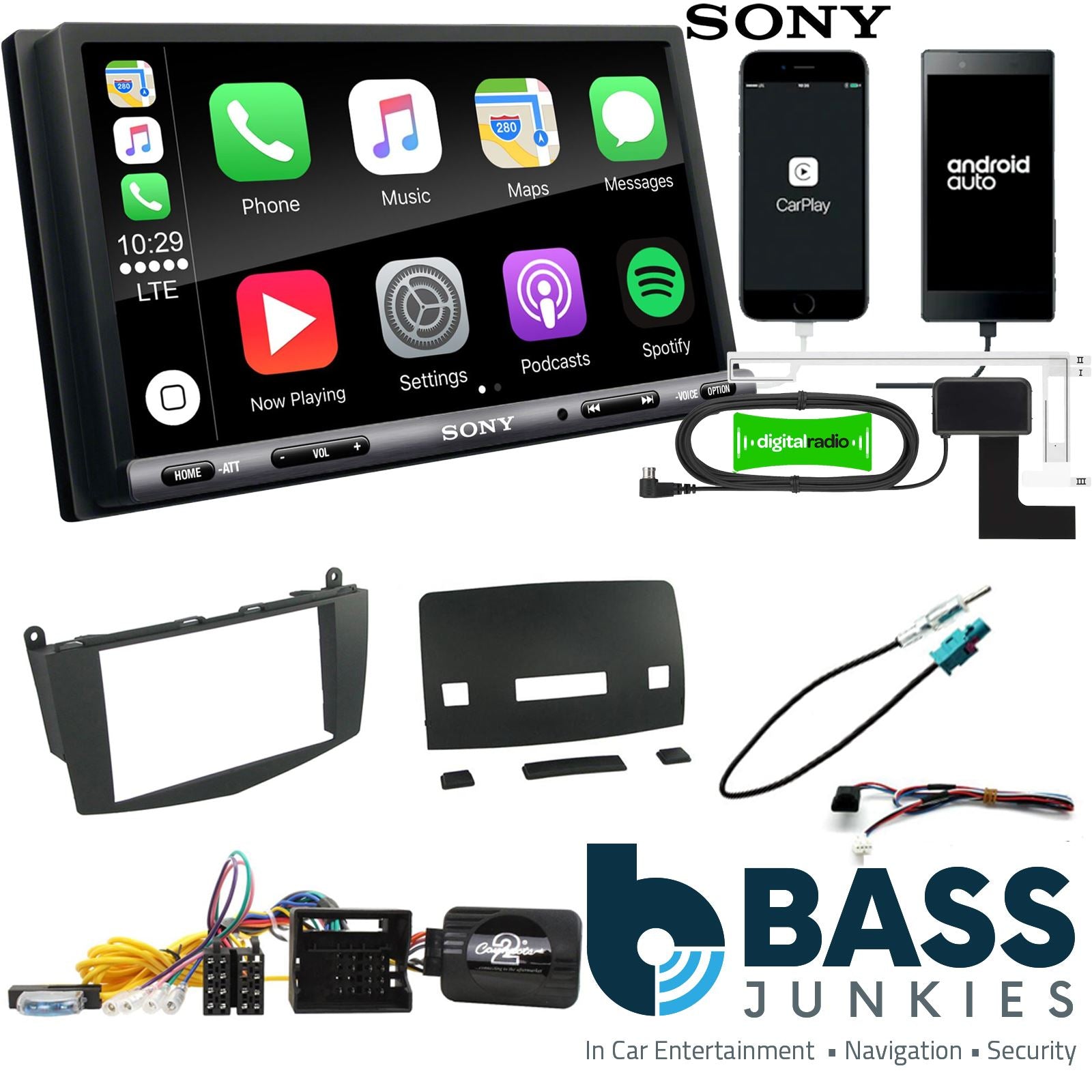 SONY DAB+ Apple | Android Double Din Stereo Fitting Kit + Steering Wheel Stalk Controls to fit Mercedes C-Class 2007-11