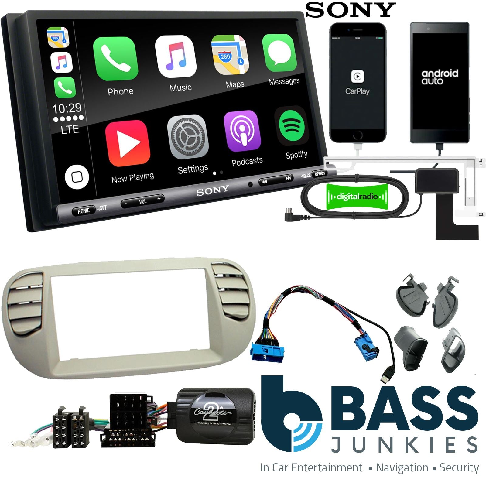 SONY DAB+ Apple | Android Double Din Stereo Fitting Kit + Steering Wheel Stalk Controls to fit Fiat 500 2007-15