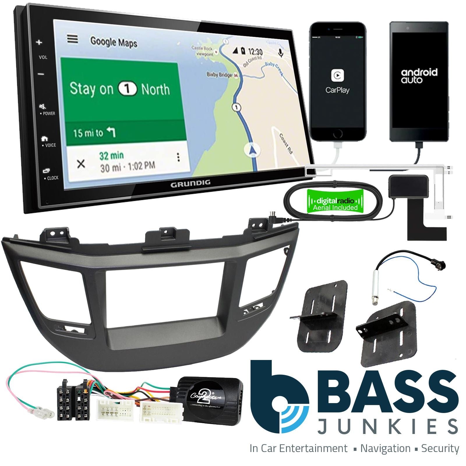 Grundig 6.8" Apple Android Double Din Stereo Fitting Kit + Steering Wheel Stalk Controls to fit Hyundai Tucson 2015-