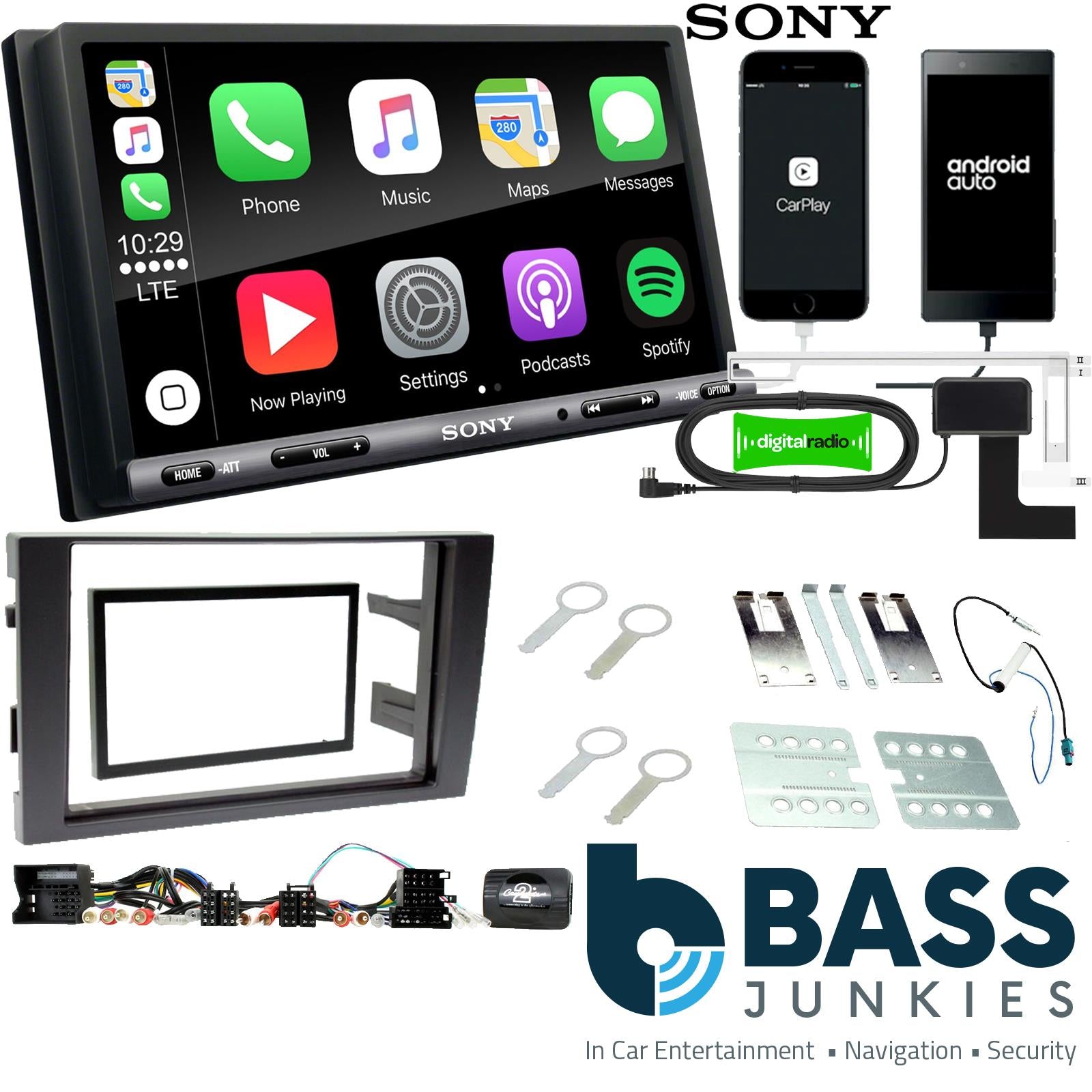 SONY DAB+ Apple | Android Double Din Stereo Fitting Kit + Steering Wheel Stalk Controls to fit Audi A4 2001-08