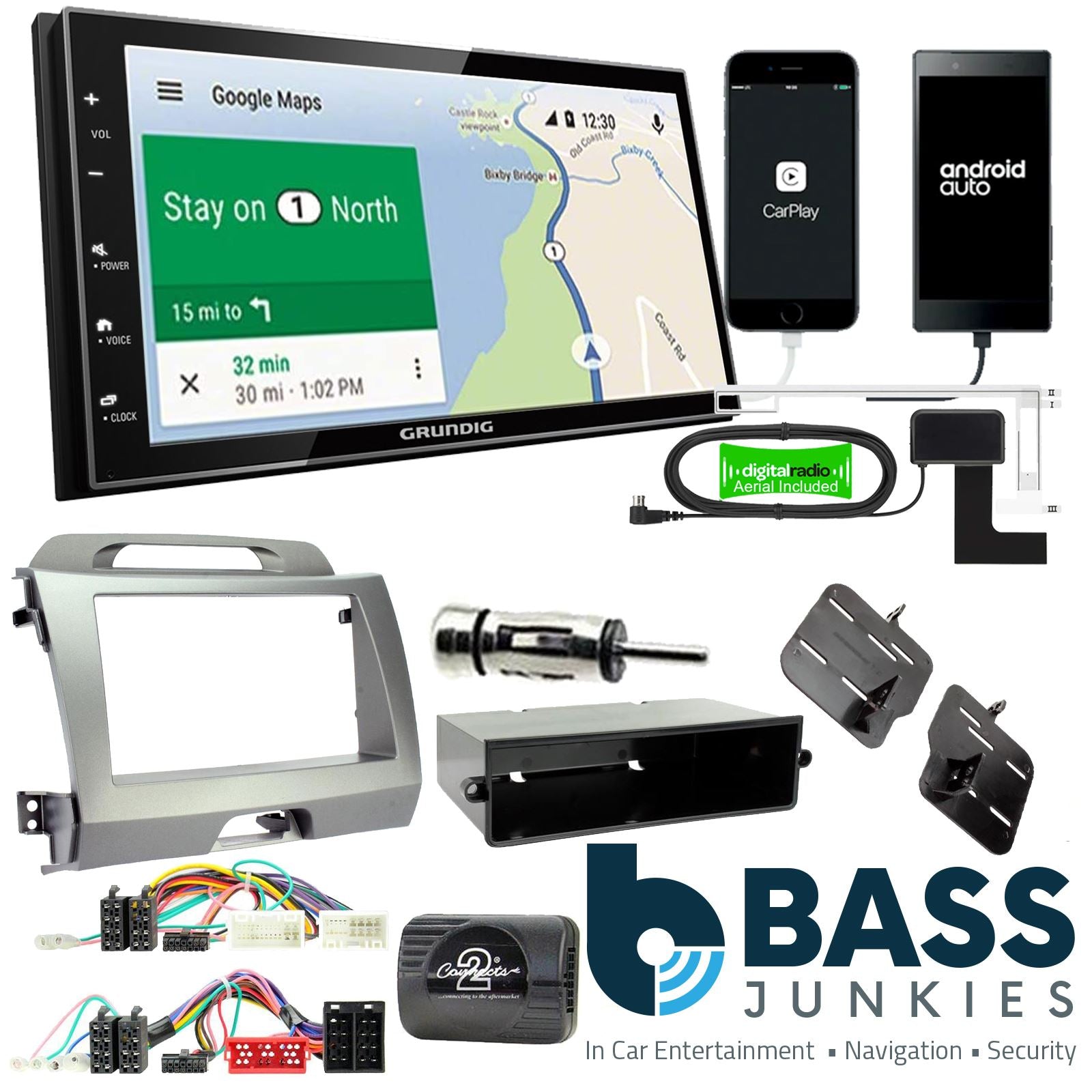 Grundig 6.8" Apple Android Double Din Stereo Fitting Kit + Steering Wheel Stalk Controls to fit Kia Sportage 2011-15