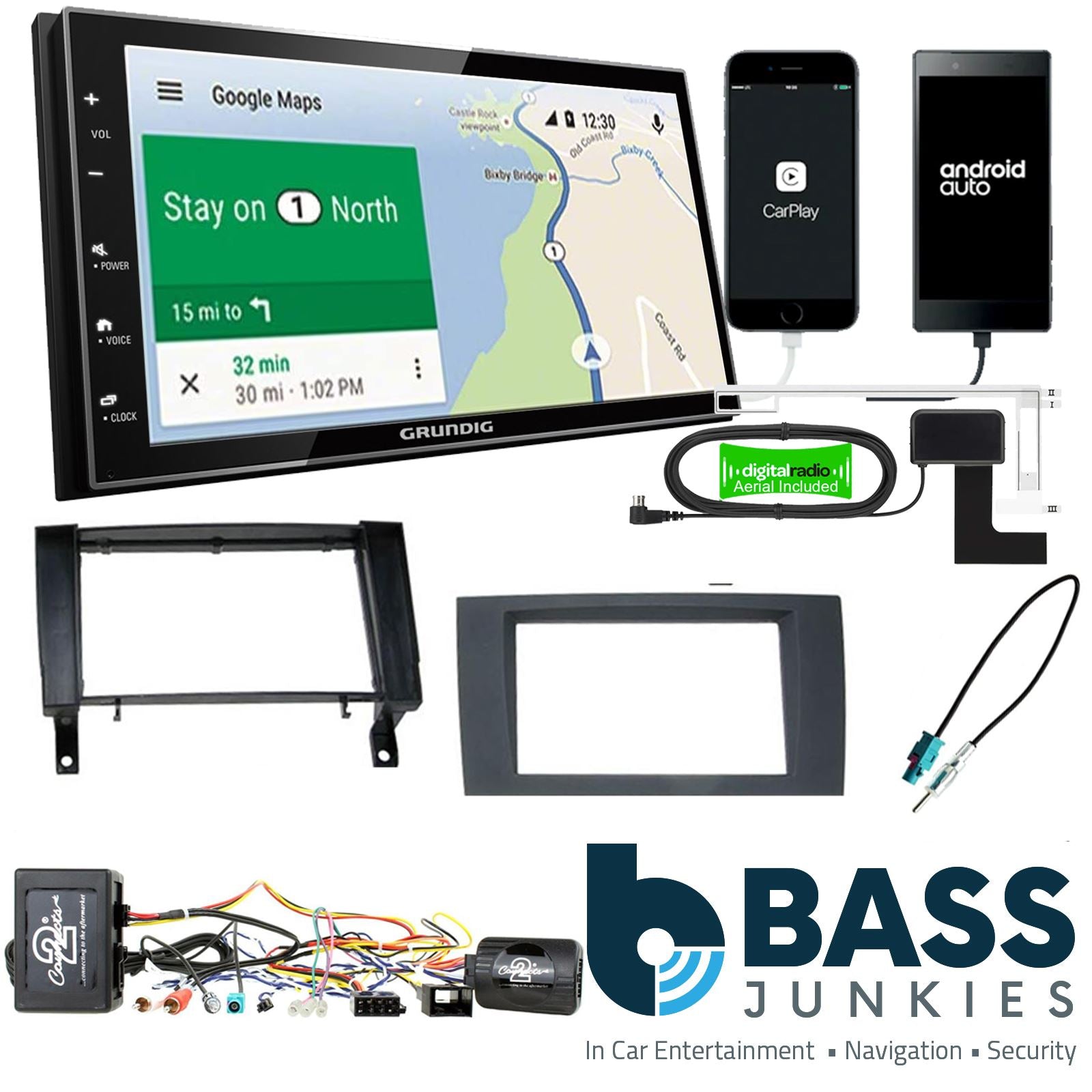 Grundig 6.8" Apple Android Double Din Stereo Fitting Kit + Steering Wheel Stalk Controls to fit Mercedes SLK 2004-10