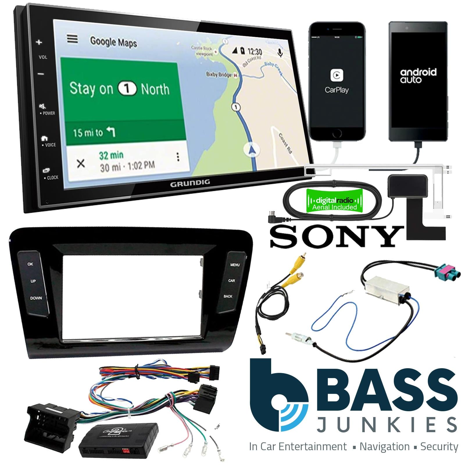 Grundig 6.8" Apple Android Double Din Stereo Fitting Kit + Steering Wheel Stalk Controls to fit Skoda Octavia 2013-17
