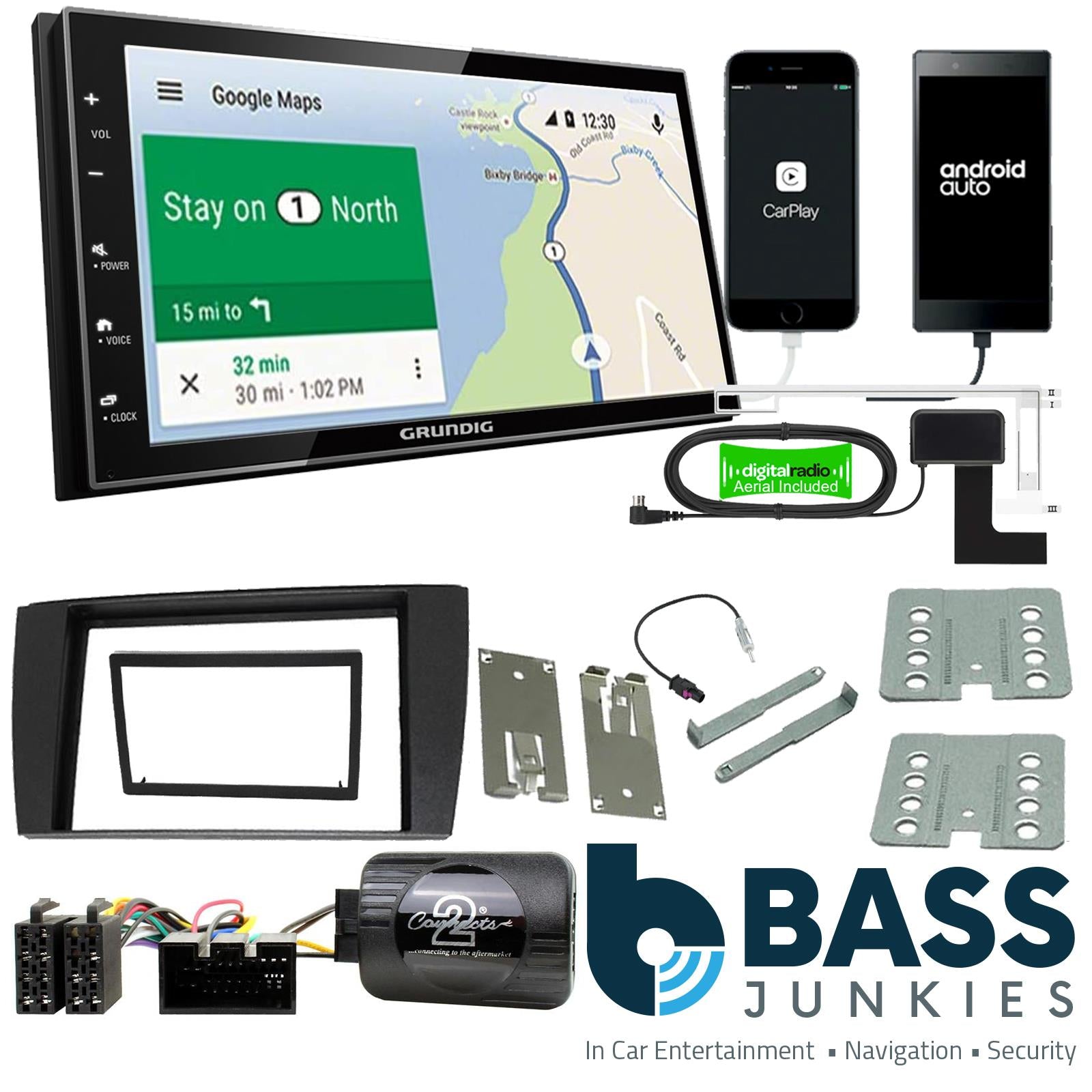 Grundig 6.8" Apple Android Double Din Stereo Fitting Kit + Steering Wheel Stalk Controls to fit Jaguar X-Type 2002-08 | Jaguar S-Type 2002-08