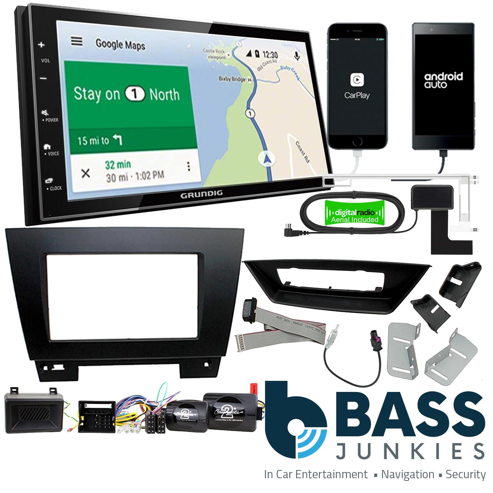 Grundig 6.8" Apple Android Double Din Stereo Fitting Kit + Steering Wheel Stalk Controls to fit BMW X1 2009-15