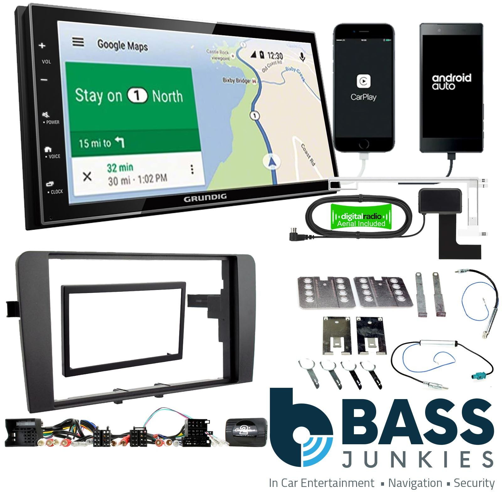 Grundig 6.8" Apple Android Double Din Stereo Fitting Kit + Steering Wheel Stalk Controls to fit Audi A3 2003-12
