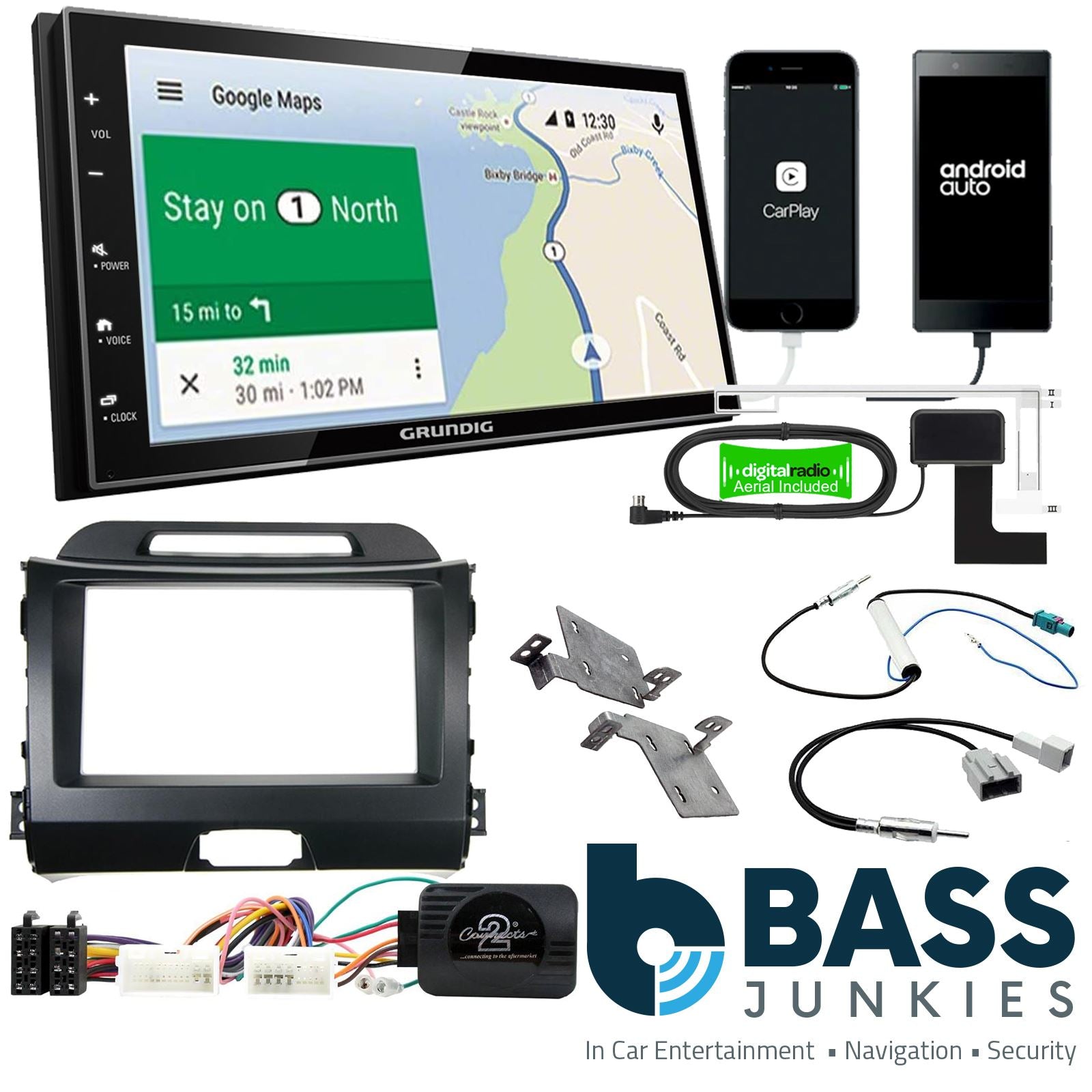 Grundig 6.8" Apple Android Double Din Stereo Fitting Kit + Steering Wheel Stalk Controls to fit Kia Sportage 2010-15