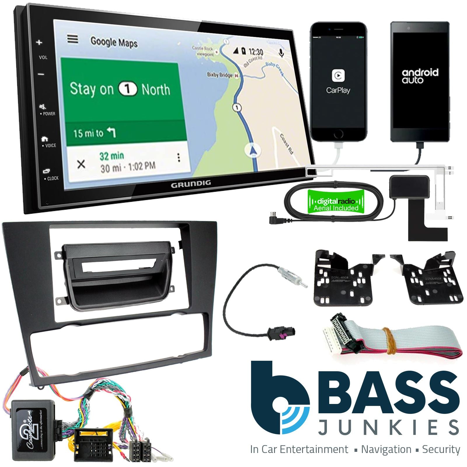 Grundig 6.8" Apple Android Double Din Stereo Fitting Kit + Steering Wheel Stalk Controls to fit BMW 3-Series 2005-12